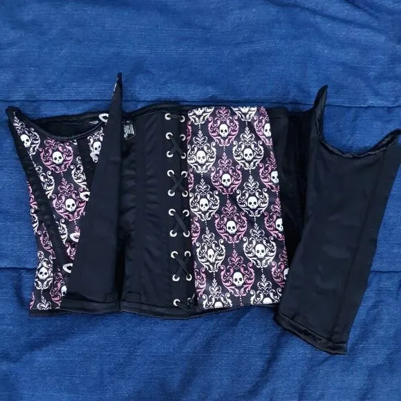 🆕️ 31&quot;-34&quot; Lavish XL underbust corset black pink white satin skulls corset busk