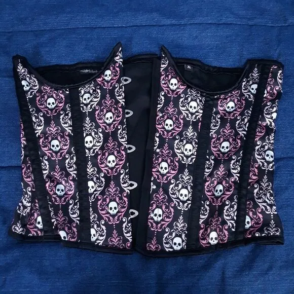 🆕️ 31&quot;-34&quot; Lavish XL underbust corset black pink white satin skulls corset busk