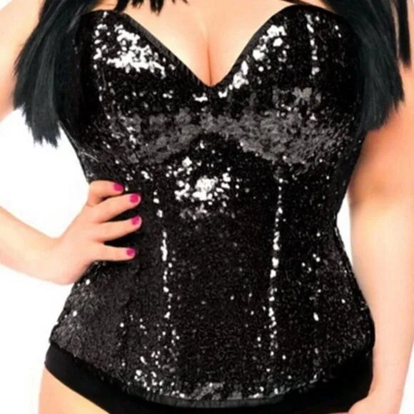 🆕️ 40&quot;-43&quot; 4X Plus Top Drawer Black Satin Sequin mesh overlay overbust Corset