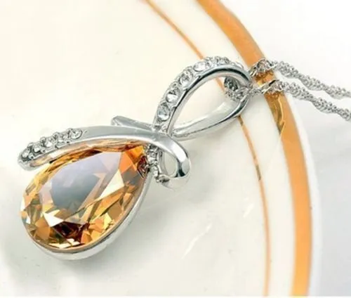 10% OFF on Sales- New Fashion Woman Natural Green/Clear/Pink/Yellow/Blue Teardrop Gem Stone Pendant-Silver Necklace