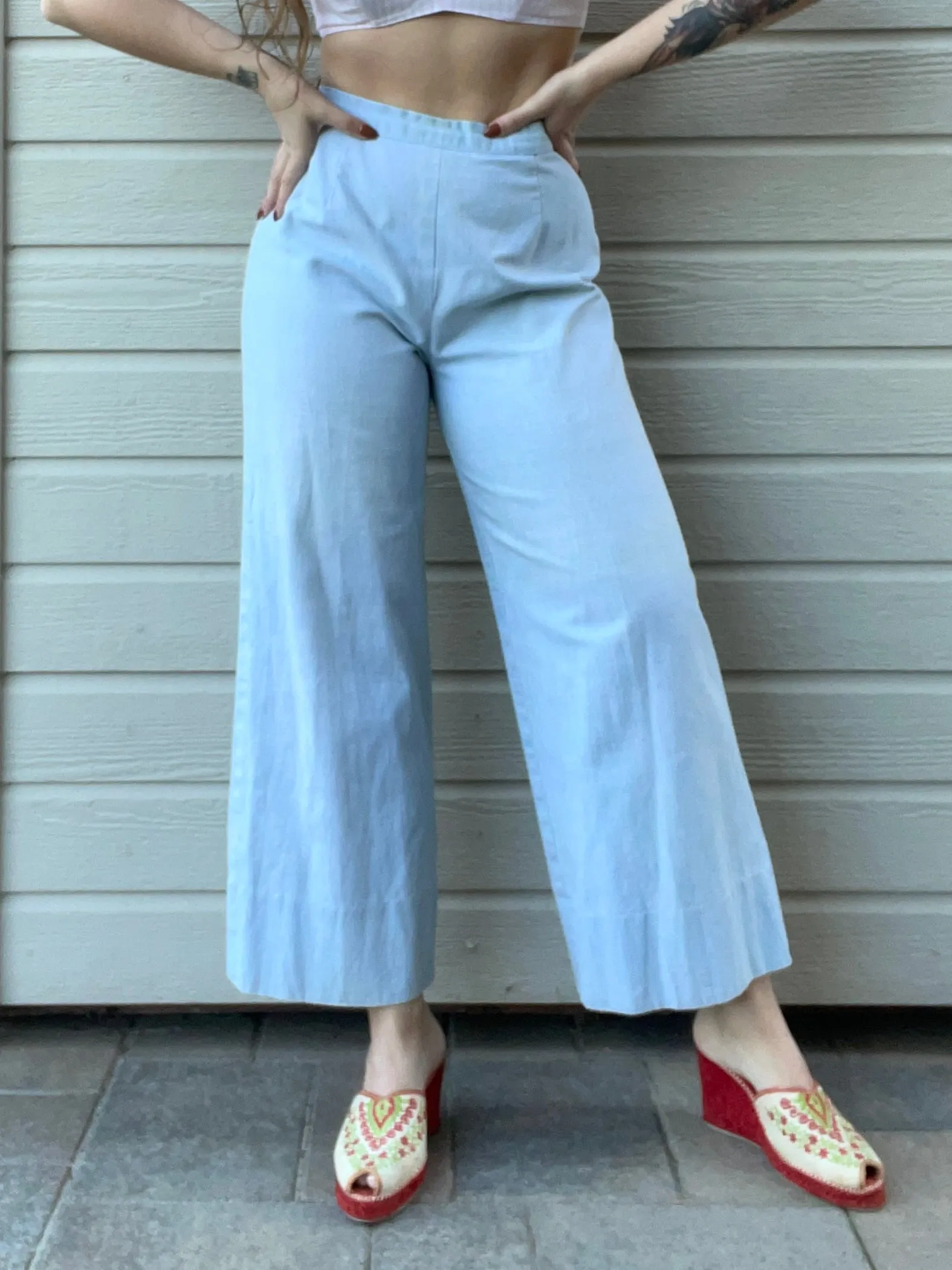 1960s Does 1940s Chambray Denim Wide Leg Pants