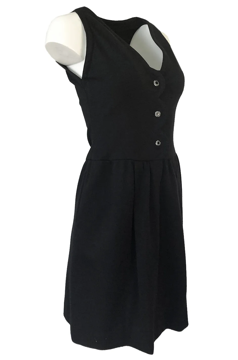 1960s James Galanos Scalloped Front Dress w Rhinestone Buttons