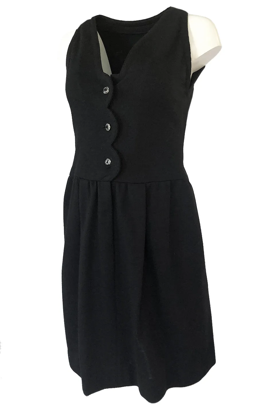 1960s James Galanos Scalloped Front Dress w Rhinestone Buttons