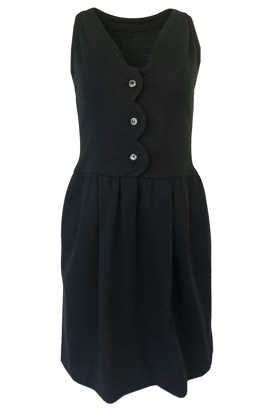 1960s James Galanos Scalloped Front Dress w Rhinestone Buttons