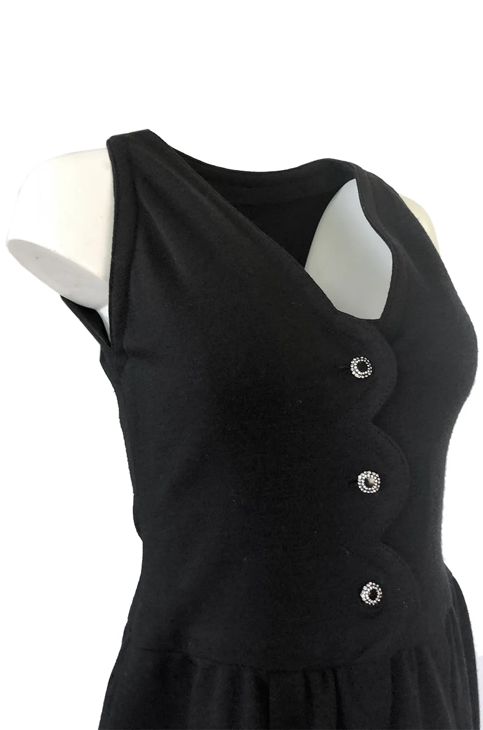 1960s James Galanos Scalloped Front Dress w Rhinestone Buttons