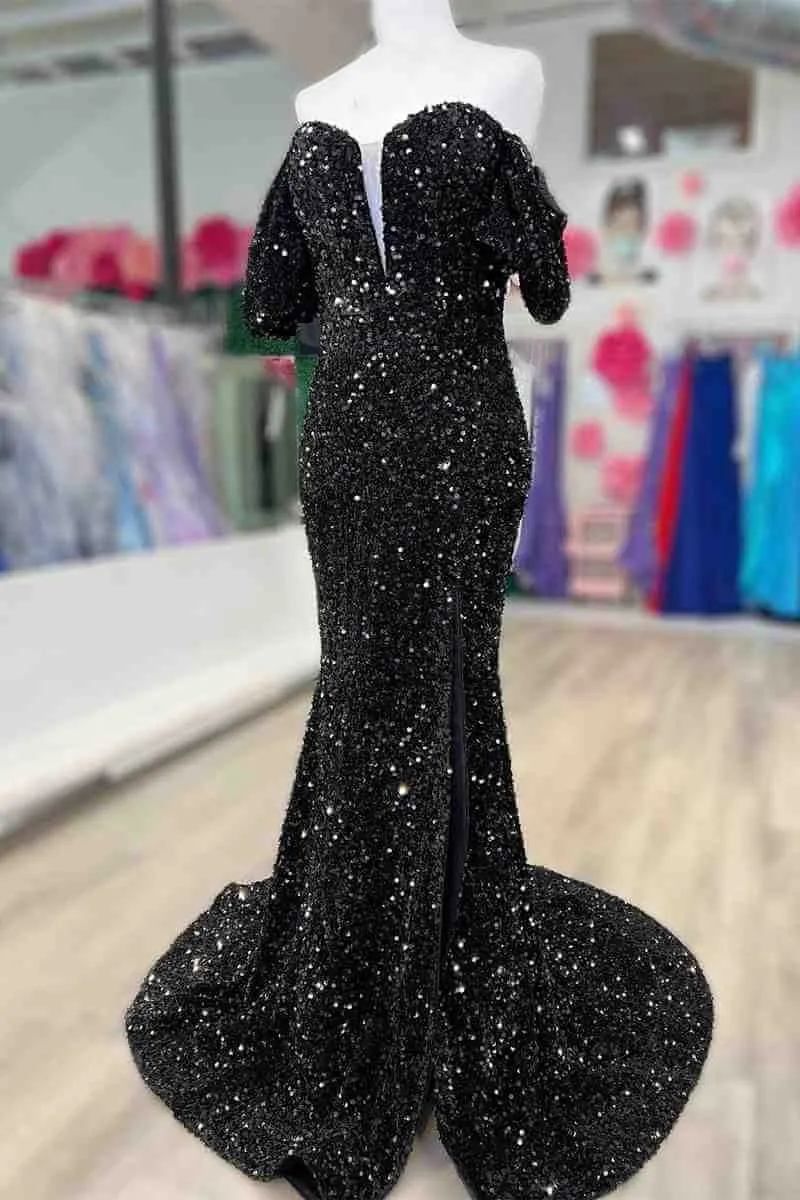 2025 Long Red Puff Sleeves Prom Dress Sparkly Sequined with Side Slit