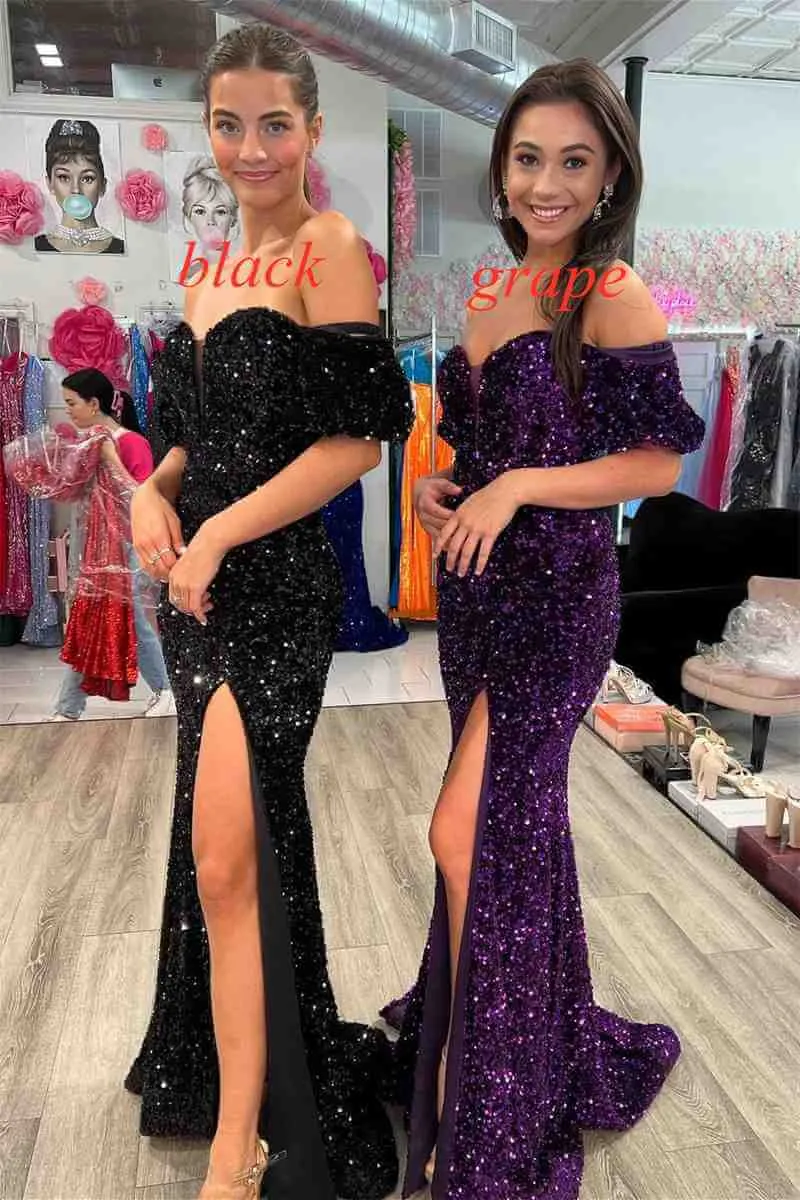 2025 Long Red Puff Sleeves Prom Dress Sparkly Sequined with Side Slit