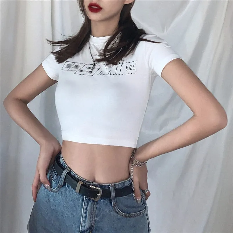 (30 Pieces) Women Fashion Rhinestone Letter Short Sleeve Crop Top