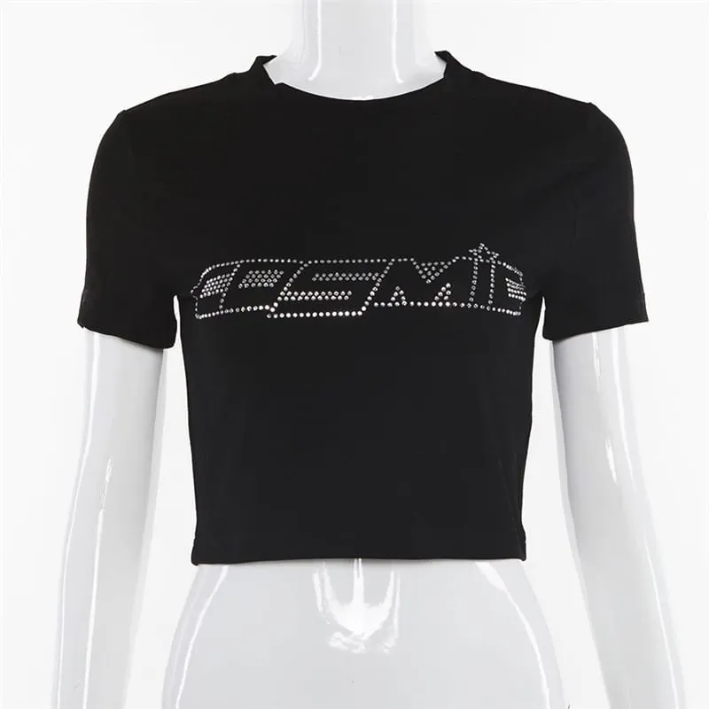 (30 Pieces) Women Fashion Rhinestone Letter Short Sleeve Crop Top