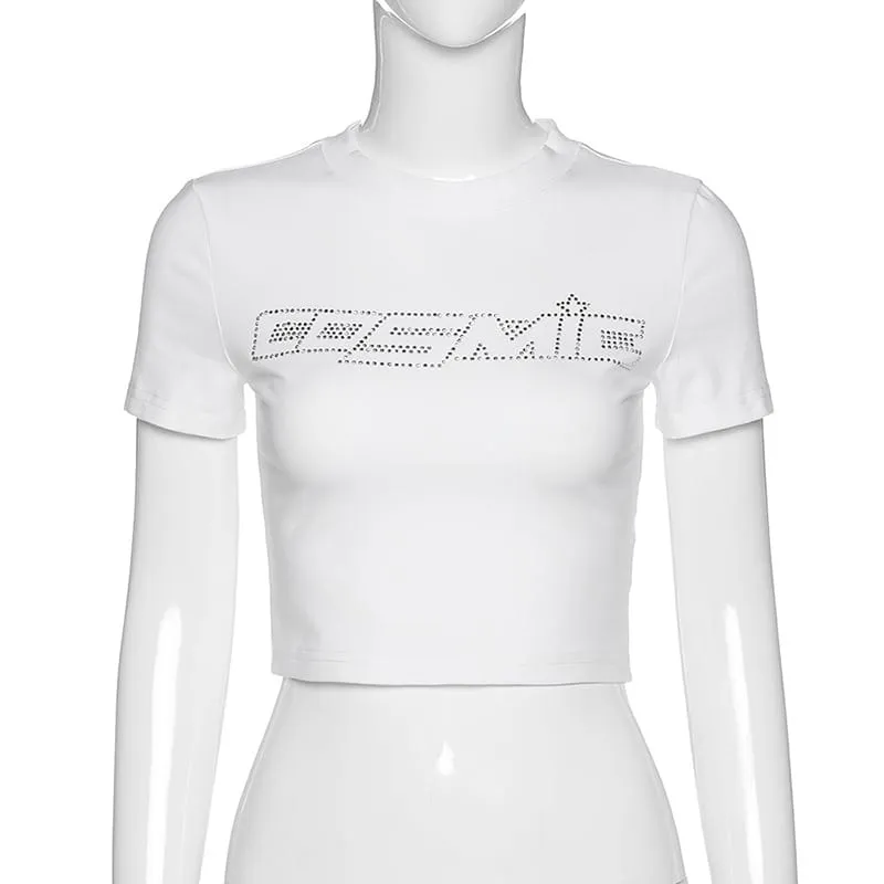 (30 Pieces) Women Fashion Rhinestone Letter Short Sleeve Crop Top