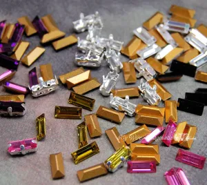 6 Pcs Vintage Rhinestone Sew On Crystals,  7 x 3mm Baguette 6 Colors With Settings
