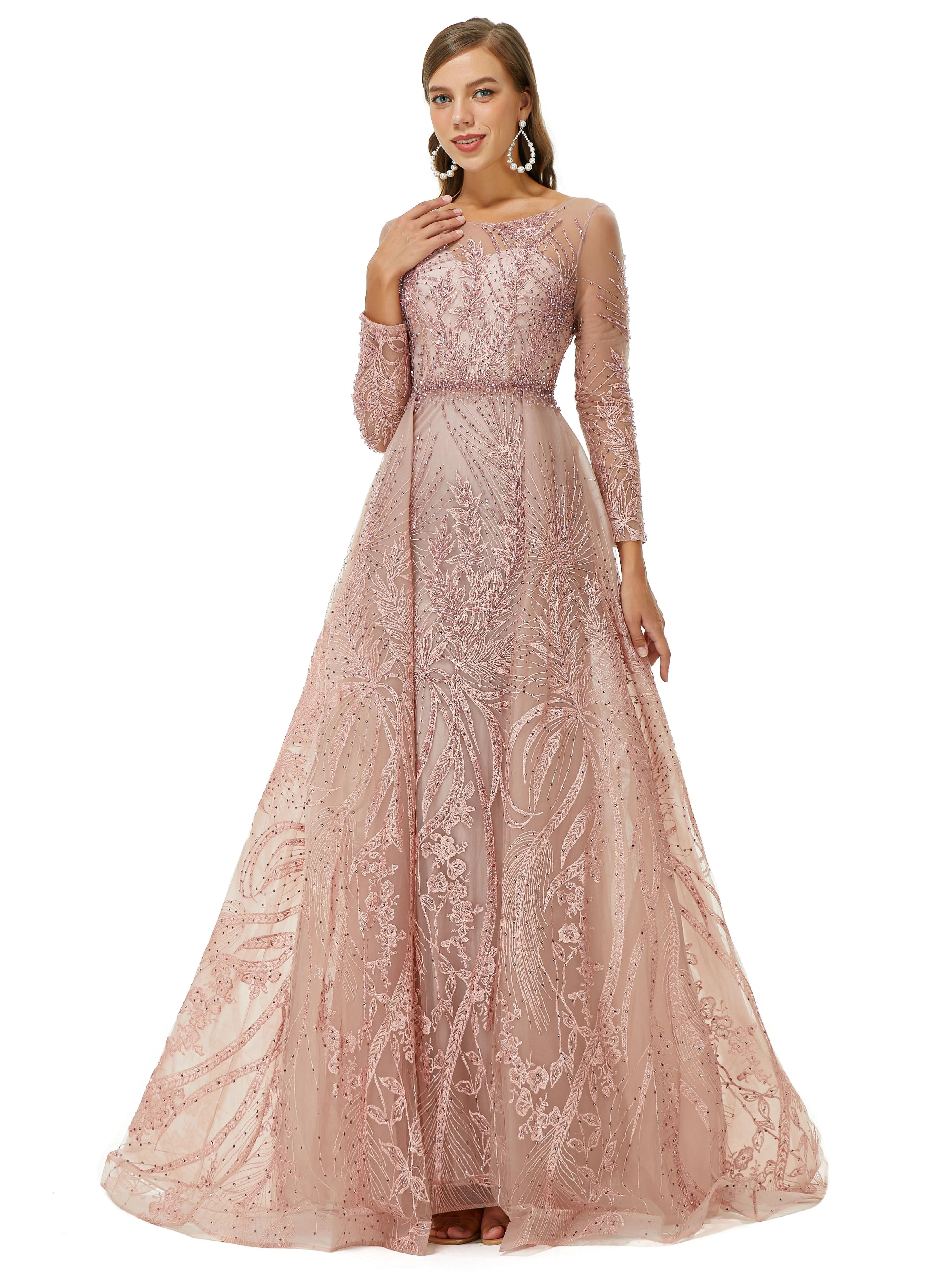 A-line Jewel Floor-length Long Sleeve Appliques Lace Sequined Prom Dress