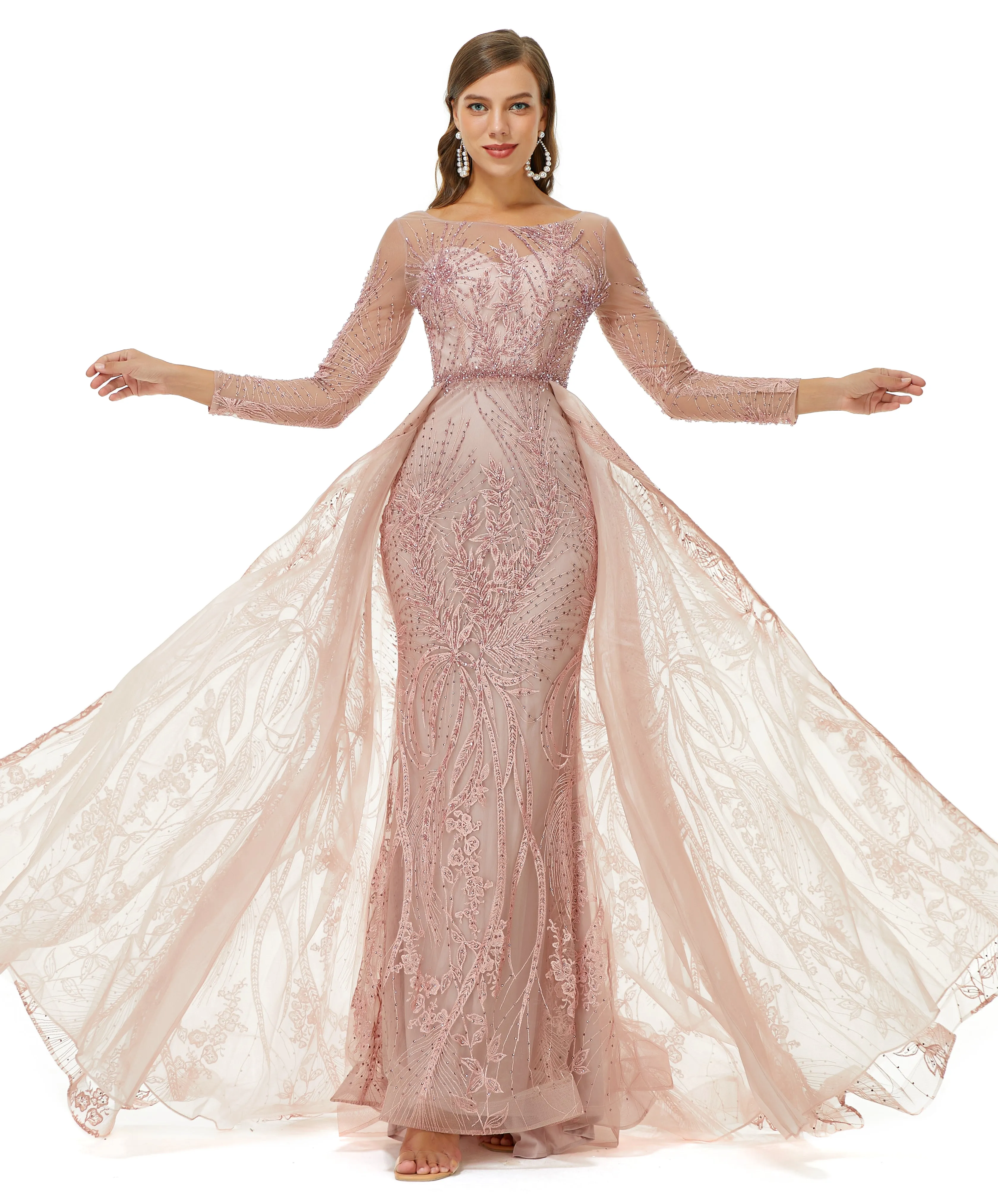 A-line Jewel Floor-length Long Sleeve Appliques Lace Sequined Prom Dress