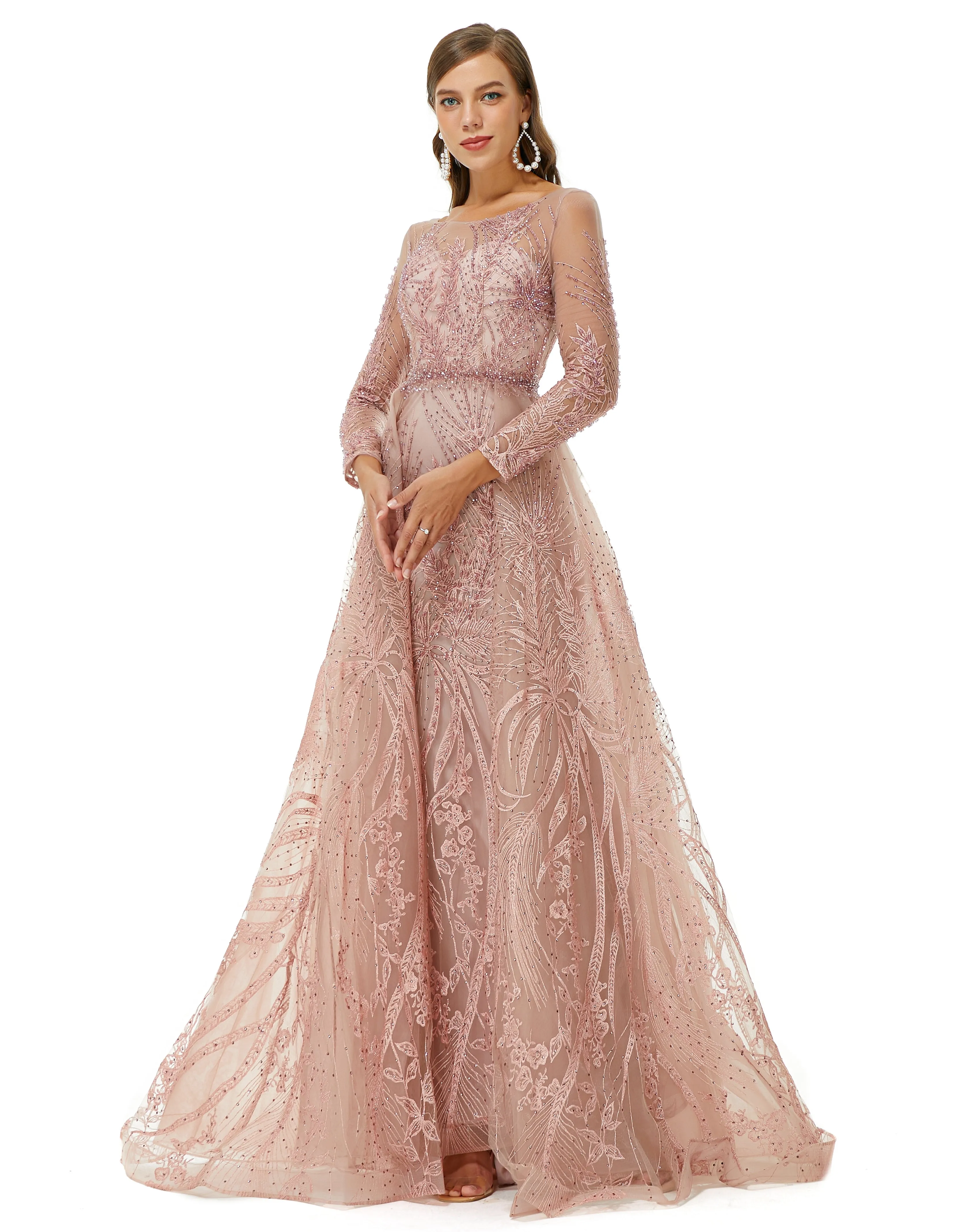 A-line Jewel Floor-length Long Sleeve Appliques Lace Sequined Prom Dress
