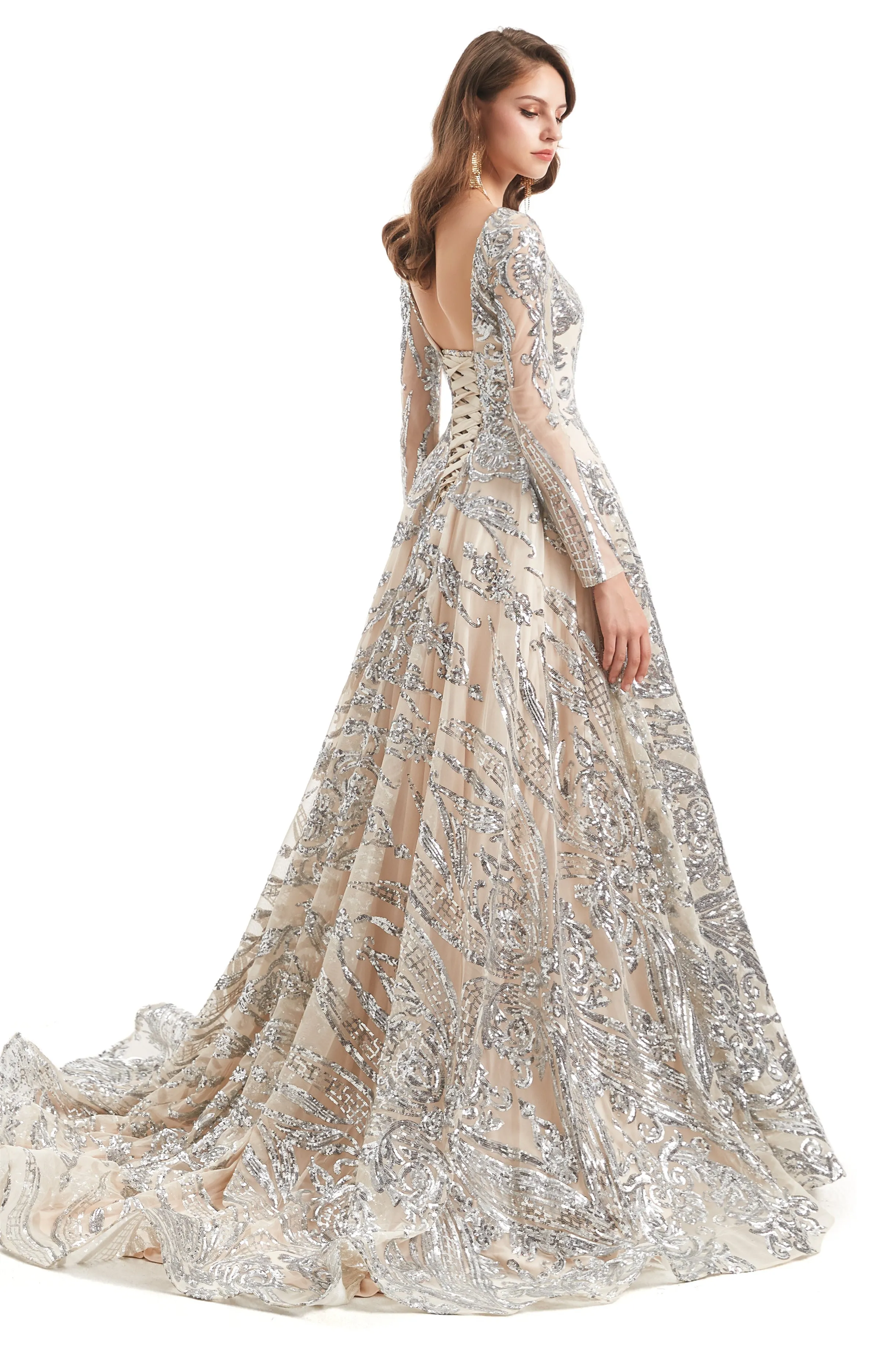 A-line Round Lace Sequined Floor-length Long Sleeve Open Back Prom Dress
