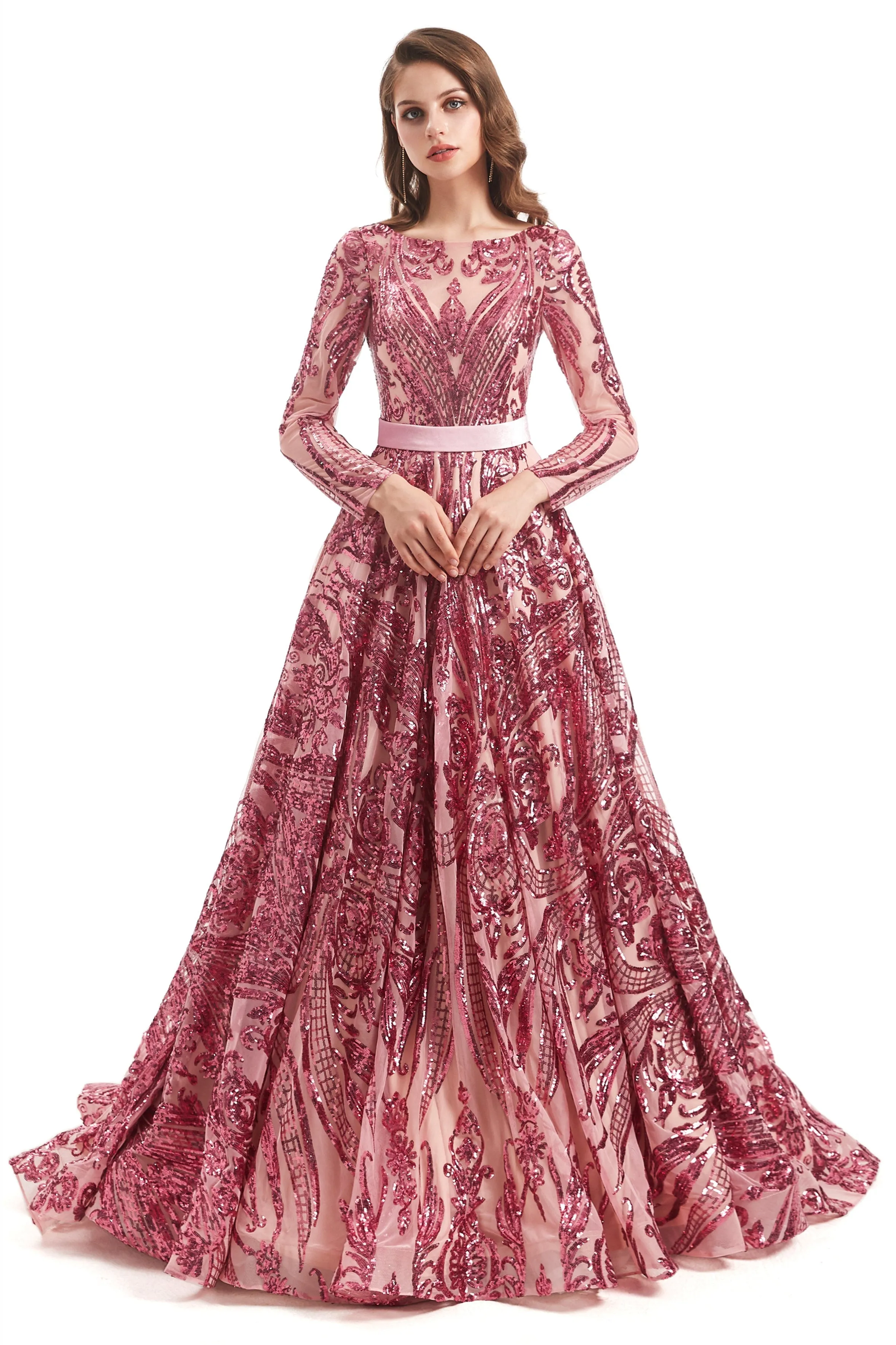 A-line Round Lace Sequined Floor-length Long Sleeve Open Back Prom Dress