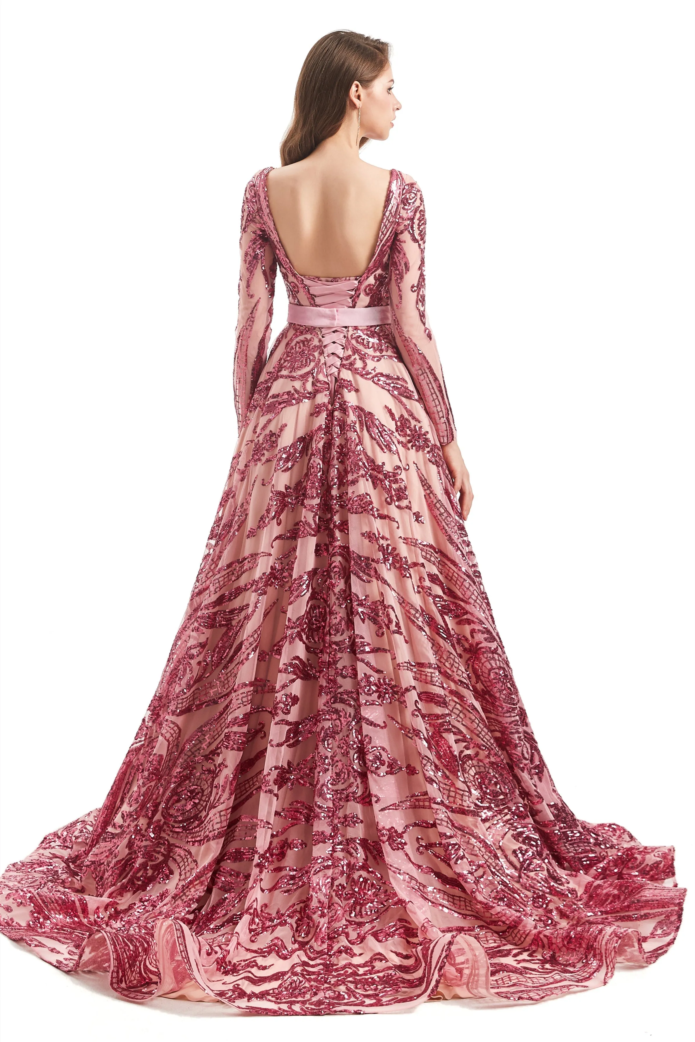 A-line Round Lace Sequined Floor-length Long Sleeve Open Back Prom Dress