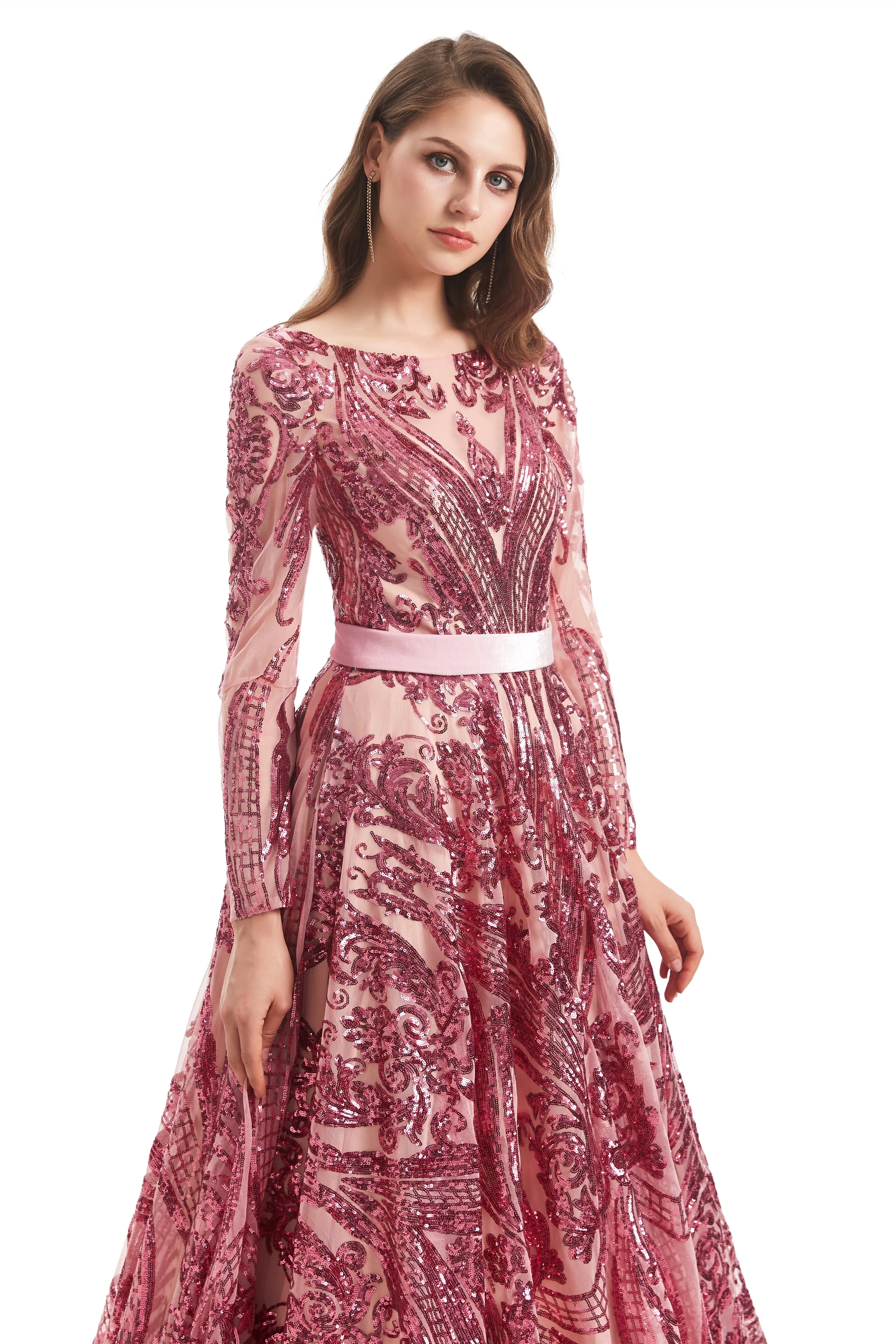 A-line Round Lace Sequined Floor-length Long Sleeve Open Back Prom Dress