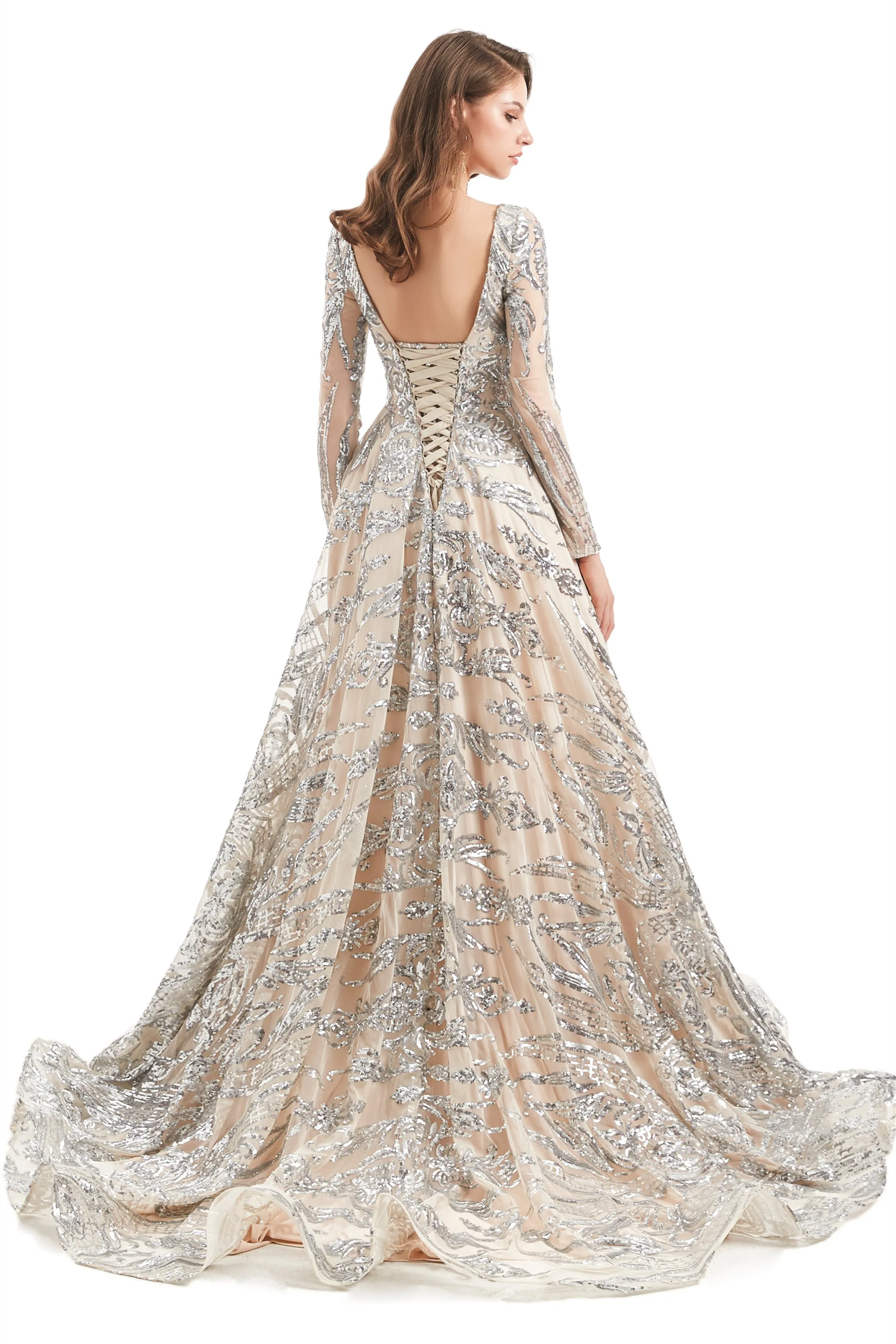 A-line Round Lace Sequined Floor-length Long Sleeve Open Back Prom Dress