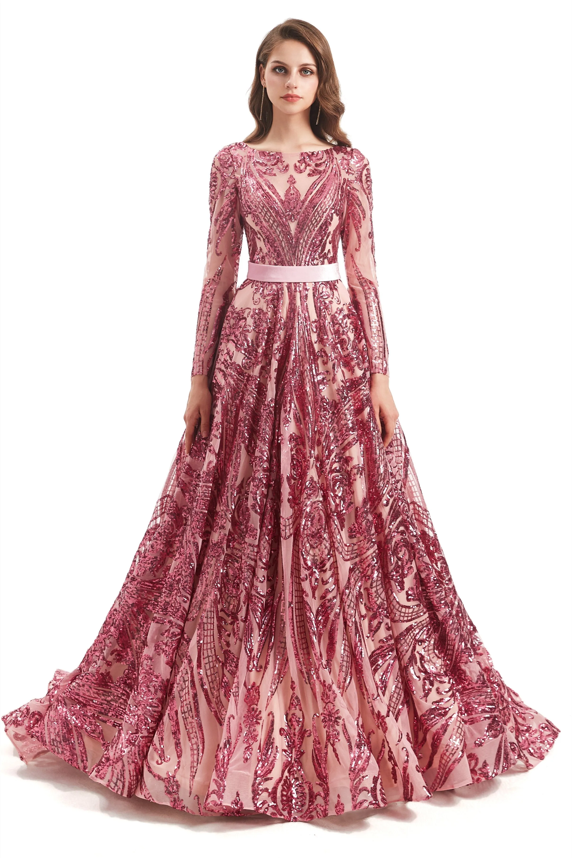 A-line Round Lace Sequined Floor-length Long Sleeve Open Back Prom Dress