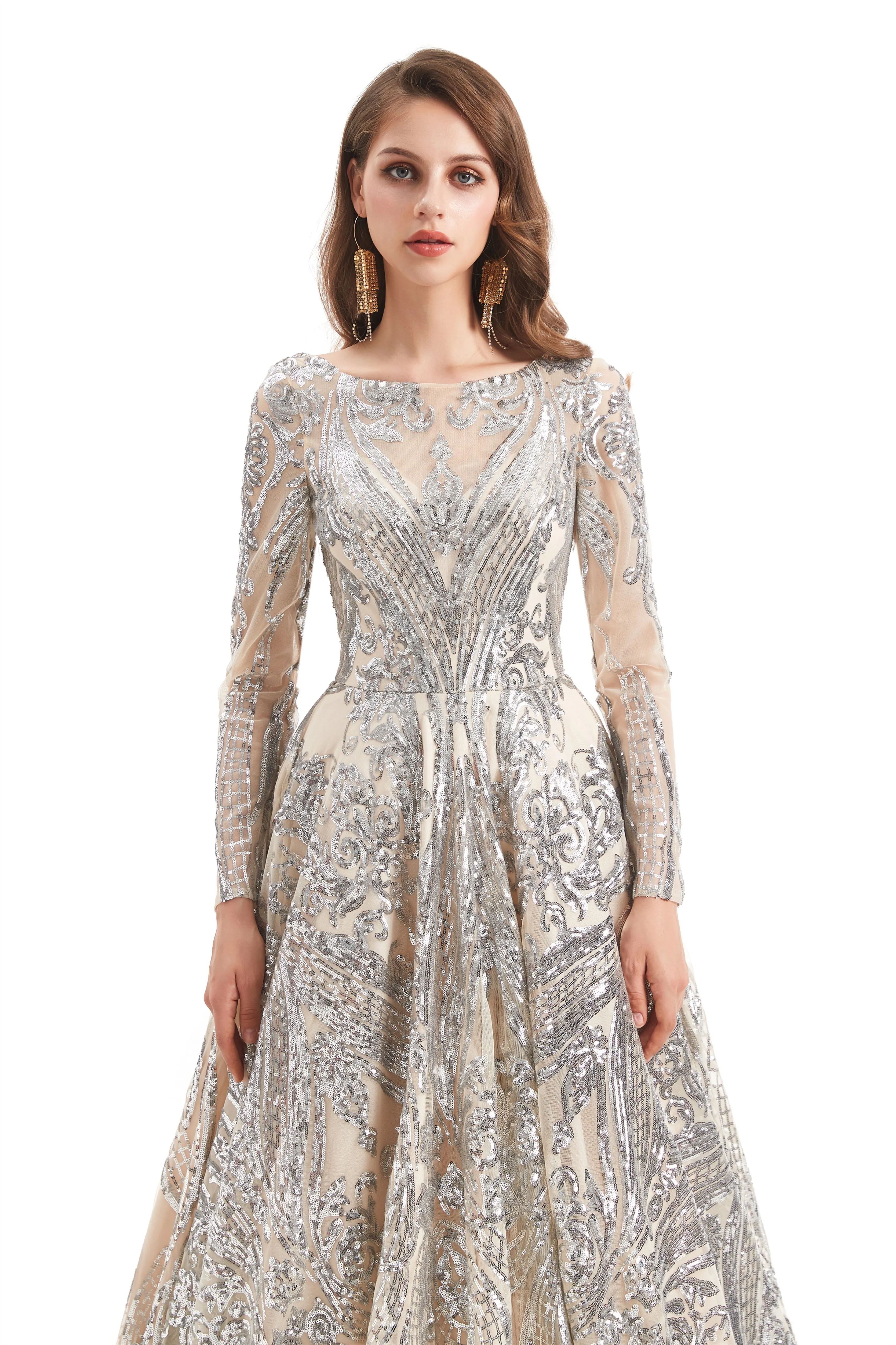 A-line Round Lace Sequined Floor-length Long Sleeve Open Back Prom Dress