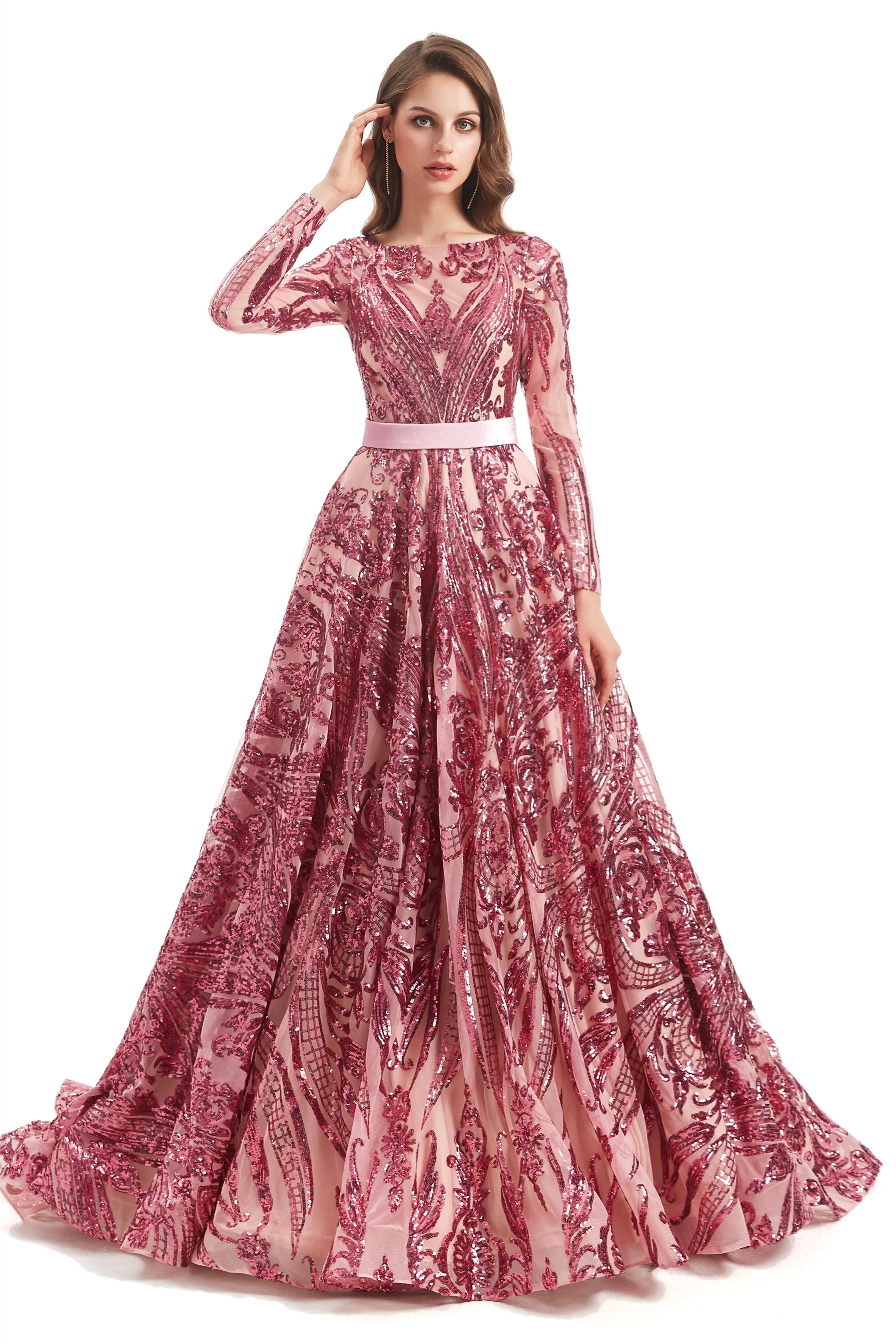 A-line Round Lace Sequined Floor-length Long Sleeve Open Back Prom Dress