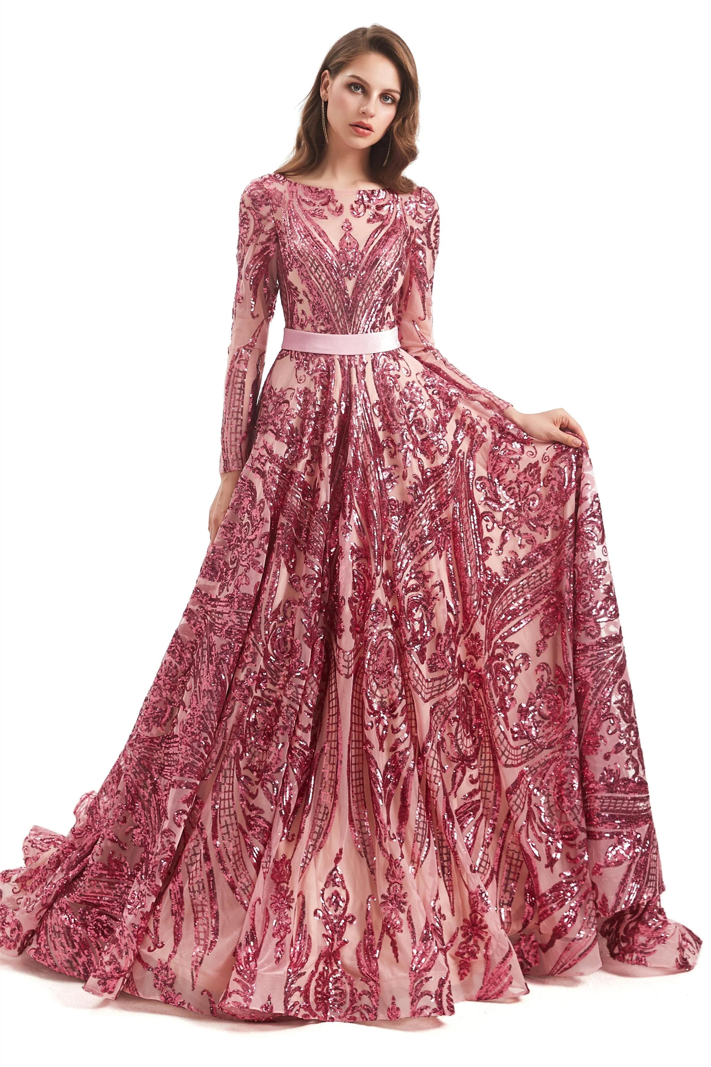 A-line Round Lace Sequined Floor-length Long Sleeve Open Back Prom Dress
