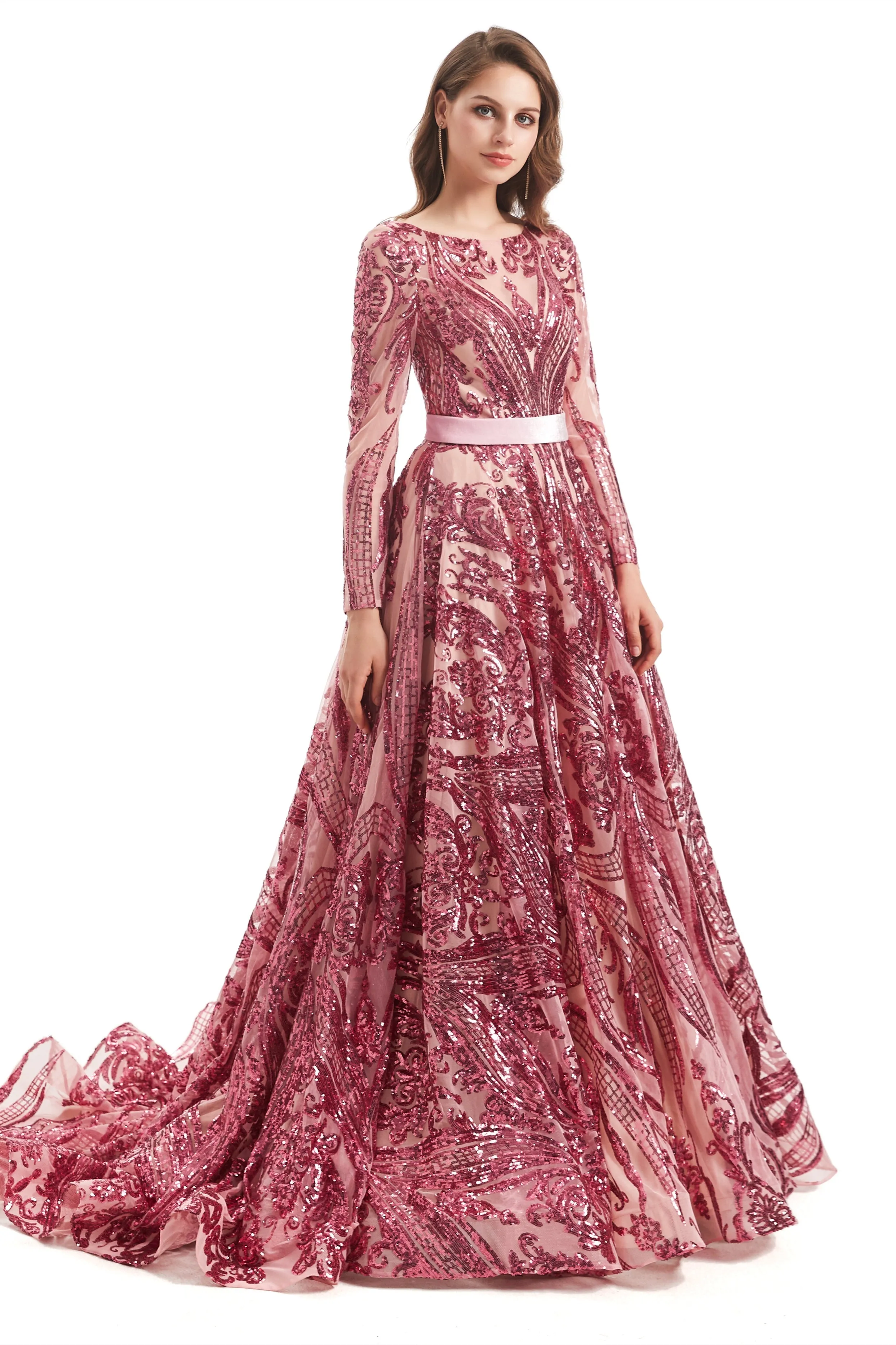 A-line Round Lace Sequined Floor-length Long Sleeve Open Back Prom Dress