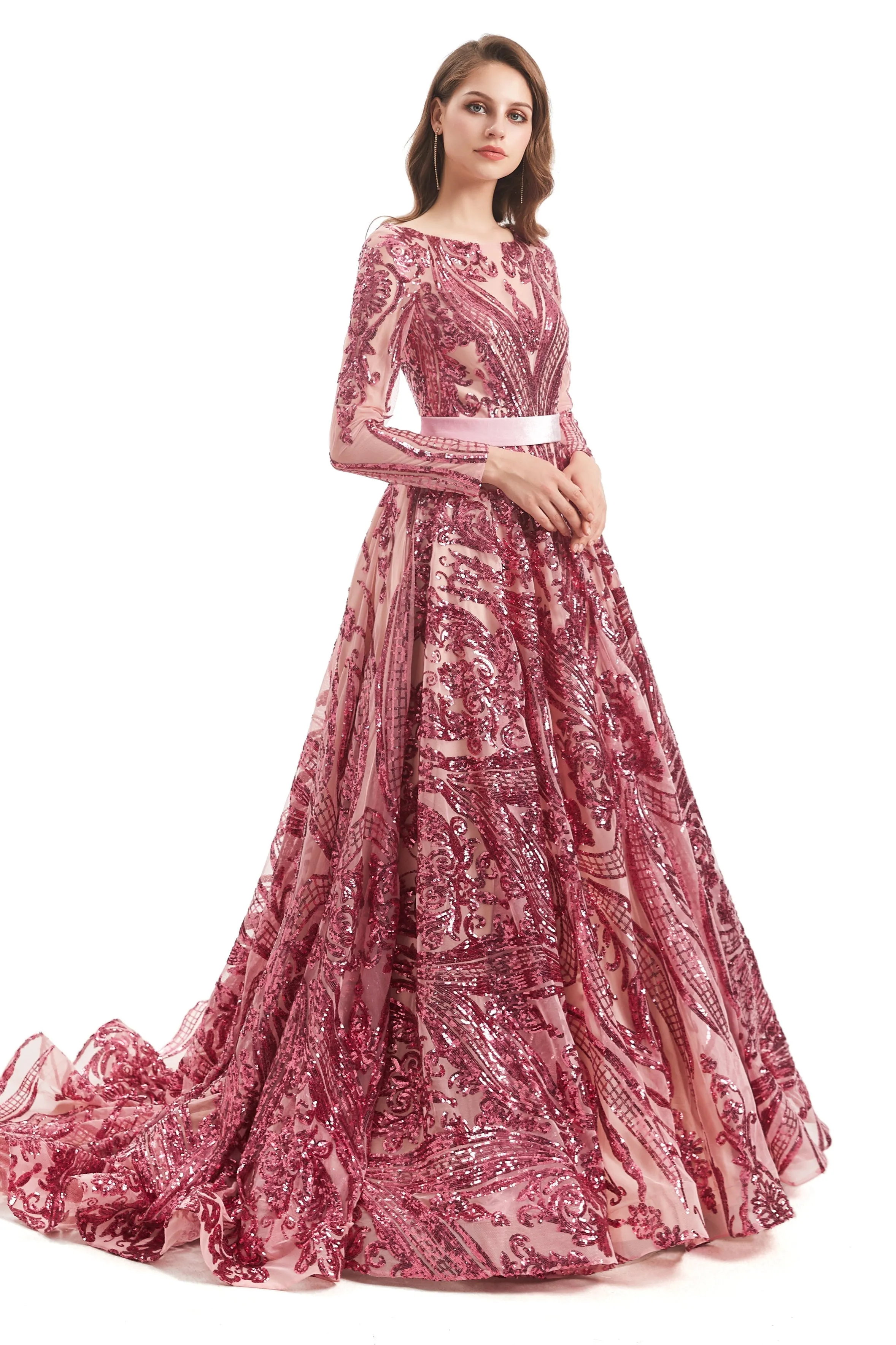 A-line Round Lace Sequined Floor-length Long Sleeve Open Back Prom Dress
