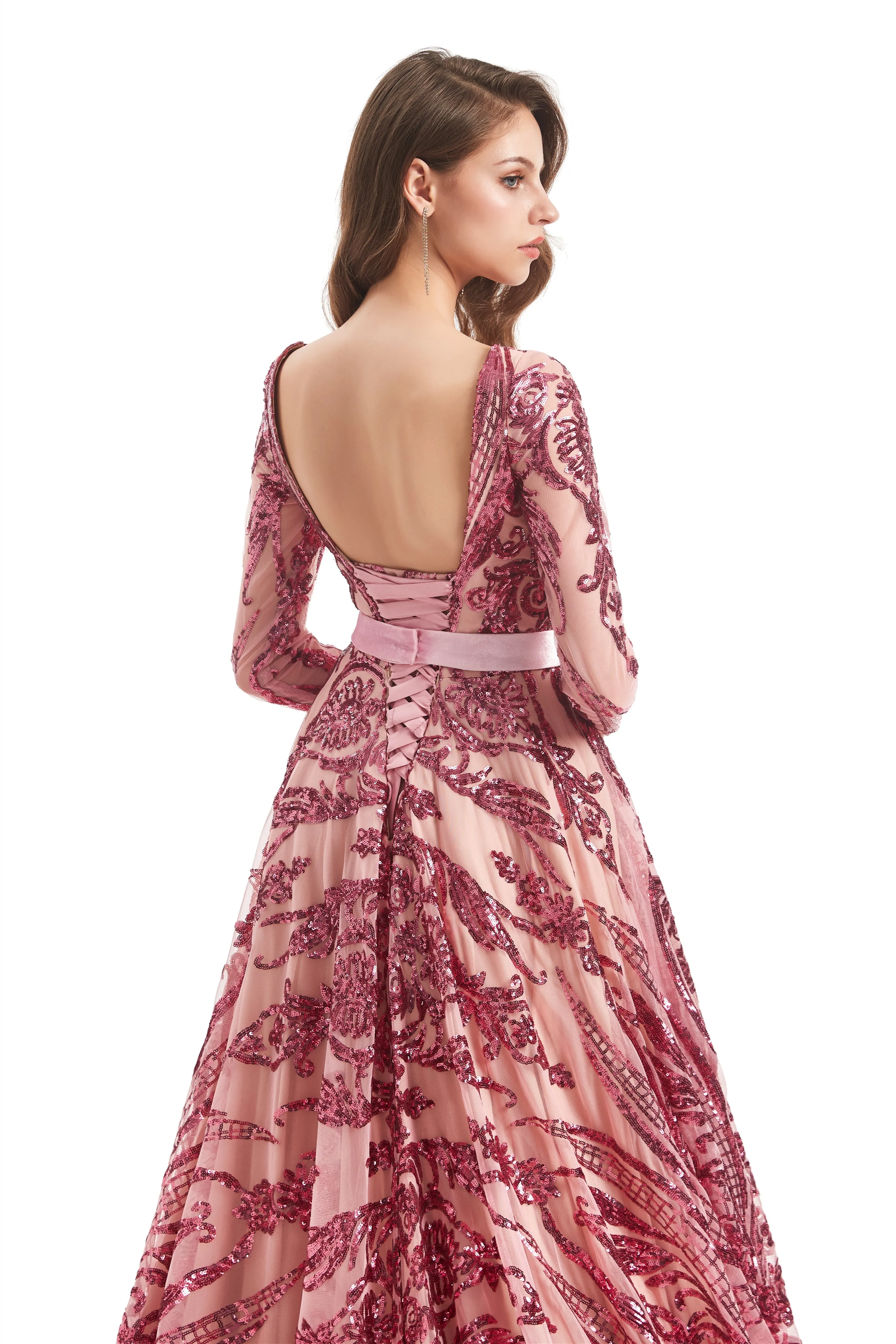 A-line Round Lace Sequined Floor-length Long Sleeve Open Back Prom Dress