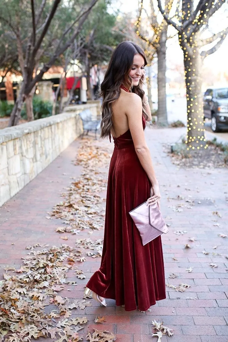 A-line Velvet Halter Burgundy Prom Gowns 2020