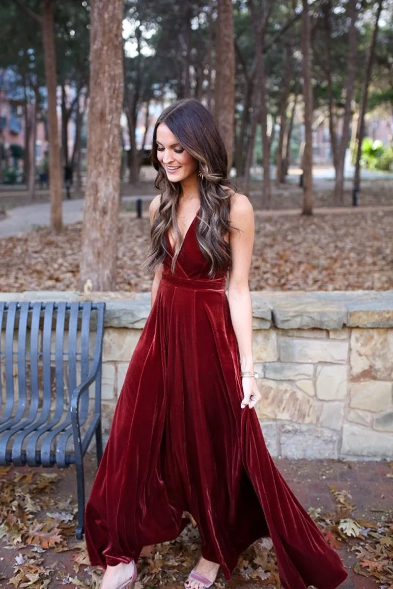 A-line Velvet Halter Burgundy Prom Gowns 2020