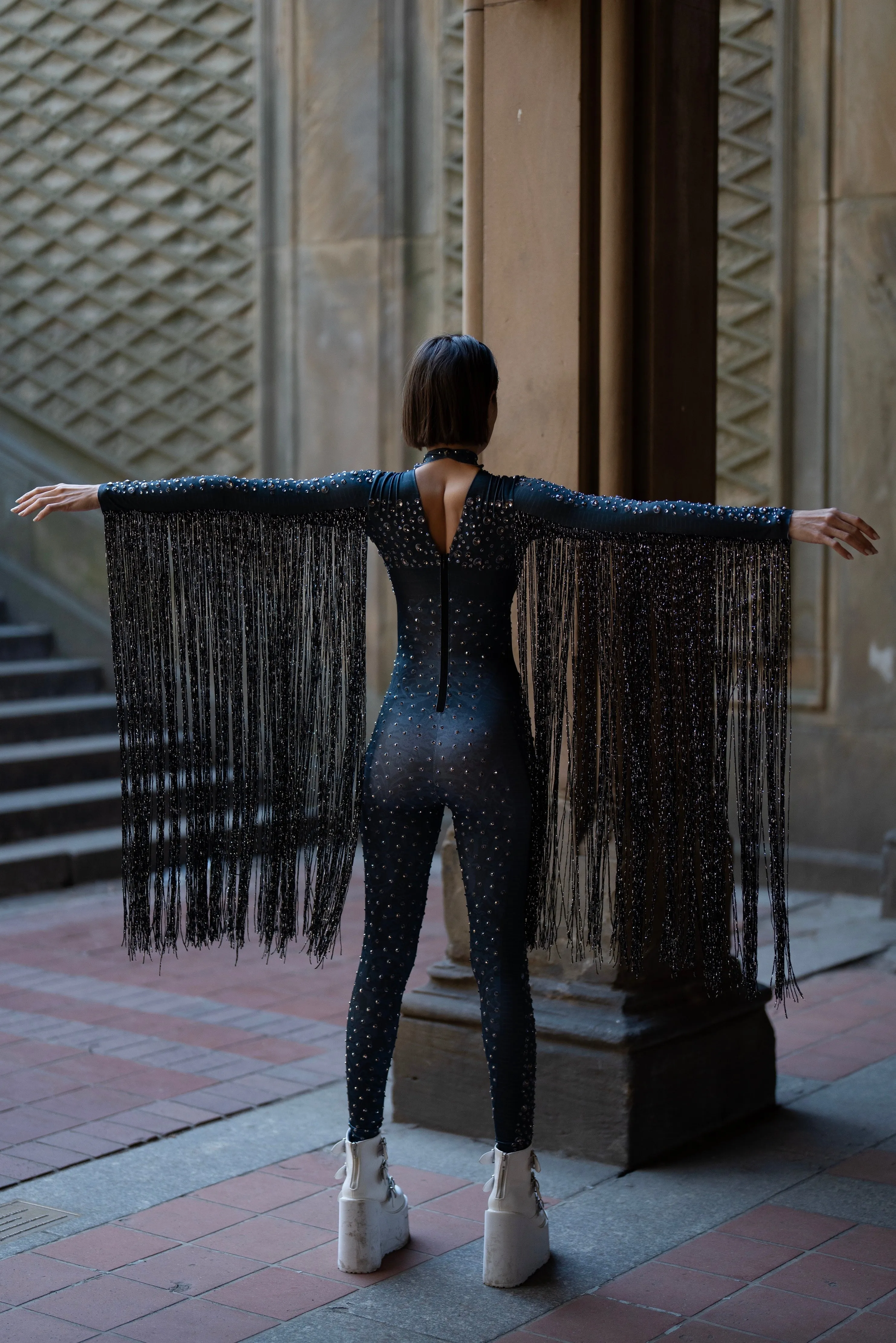 Adagio Black Fringed Catsuit