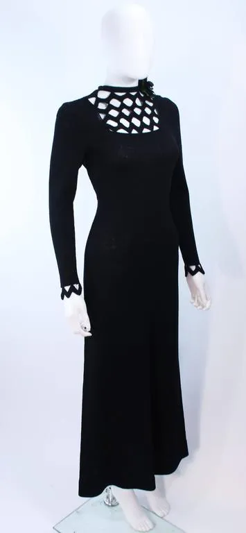 ADOLFO 1970s Black Knit Maxi Gown with Cut Out Detail Size 8-10