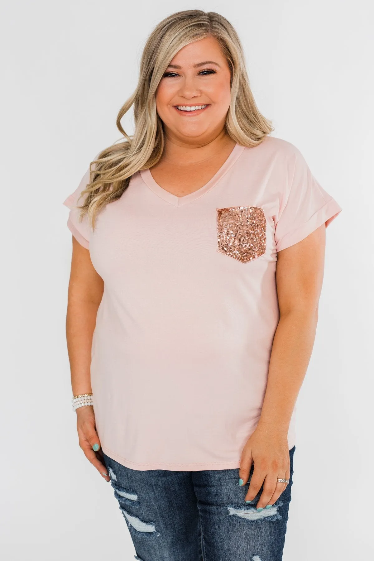 Attracted To You Sequin Pocket Top- Blush