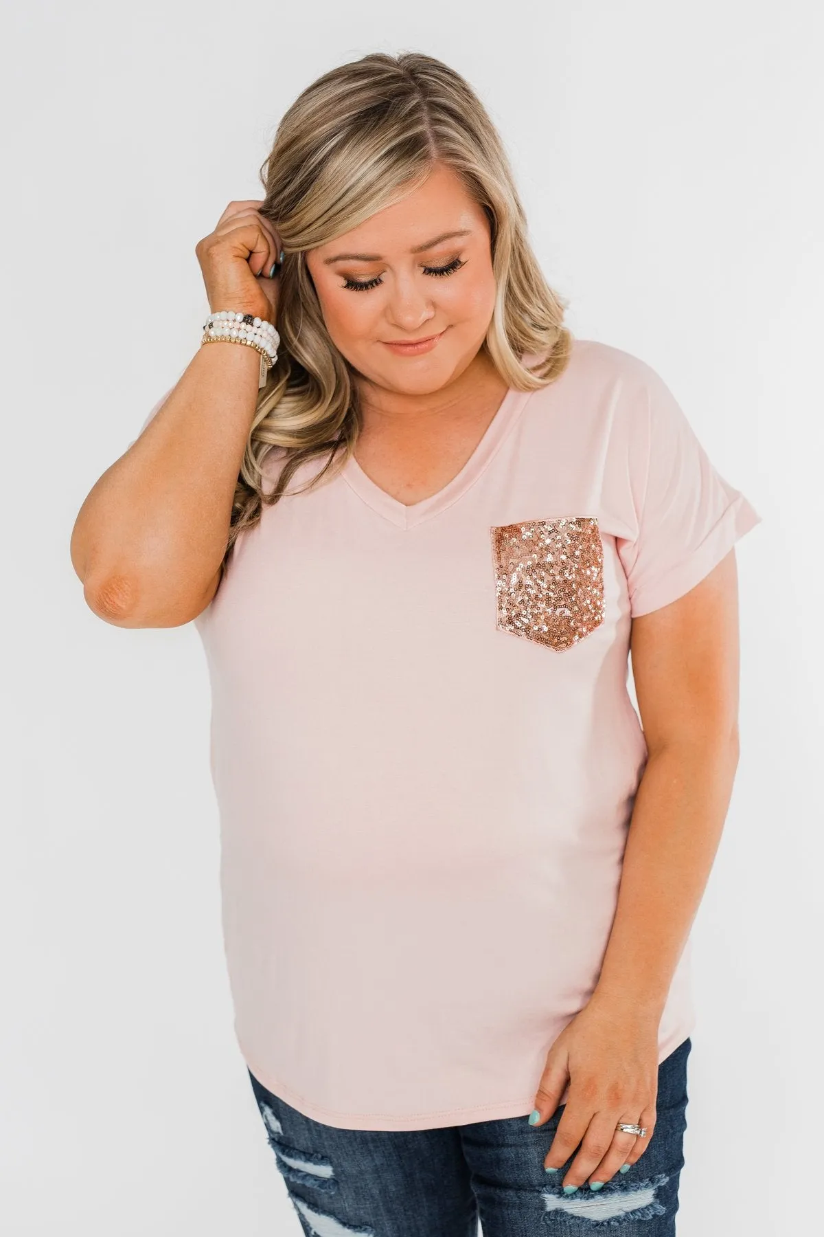Attracted To You Sequin Pocket Top- Blush