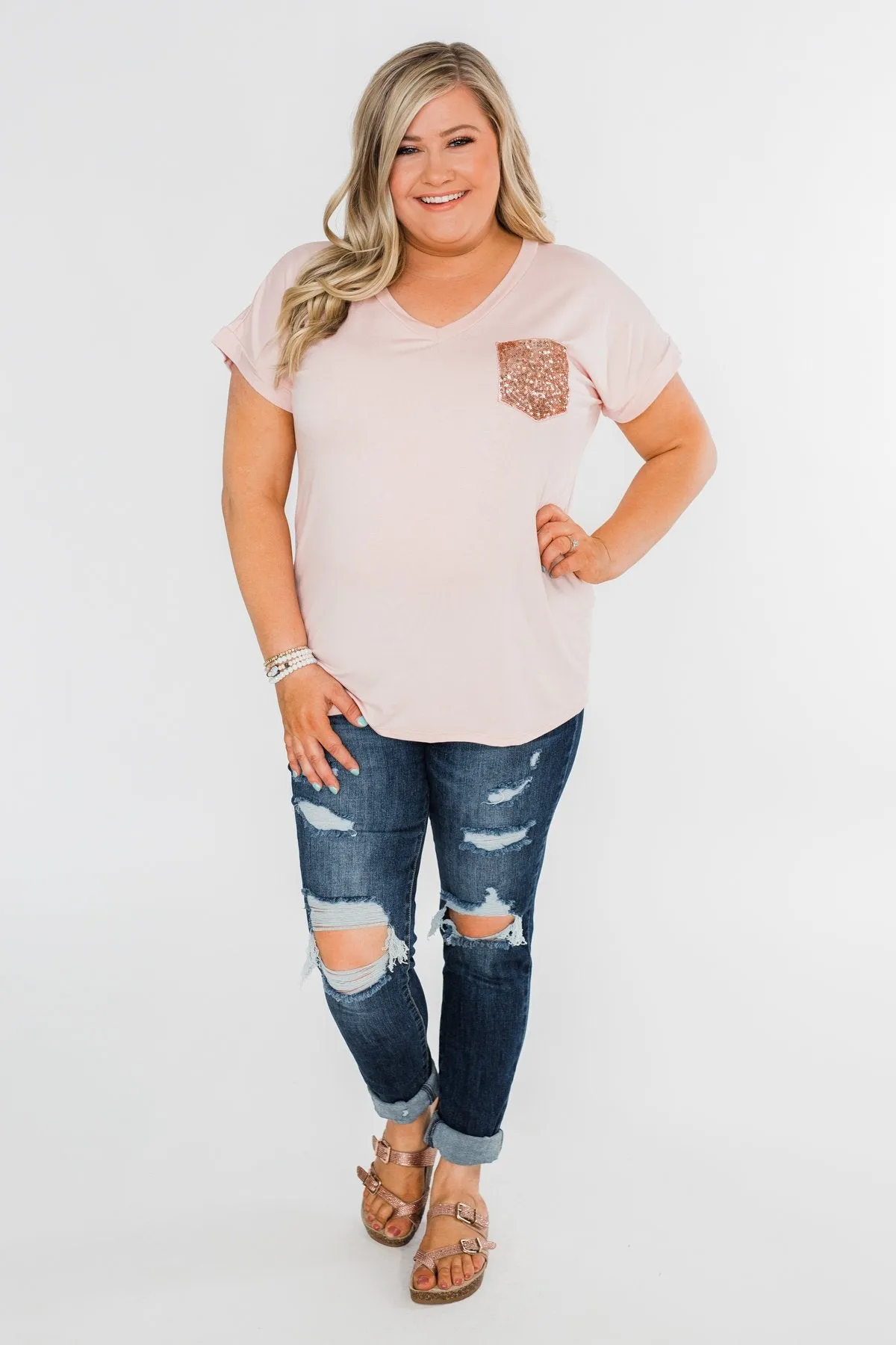 Attracted To You Sequin Pocket Top- Blush
