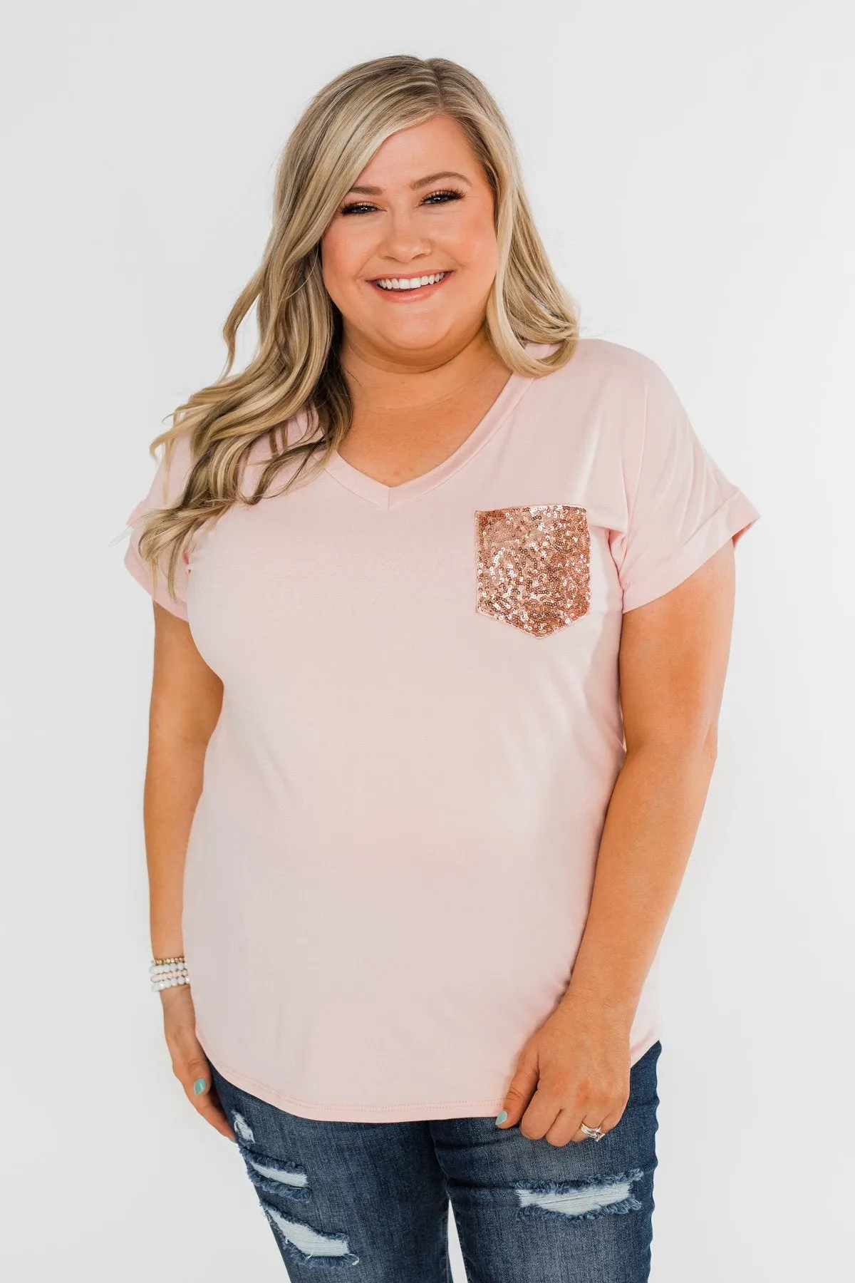 Attracted To You Sequin Pocket Top- Blush