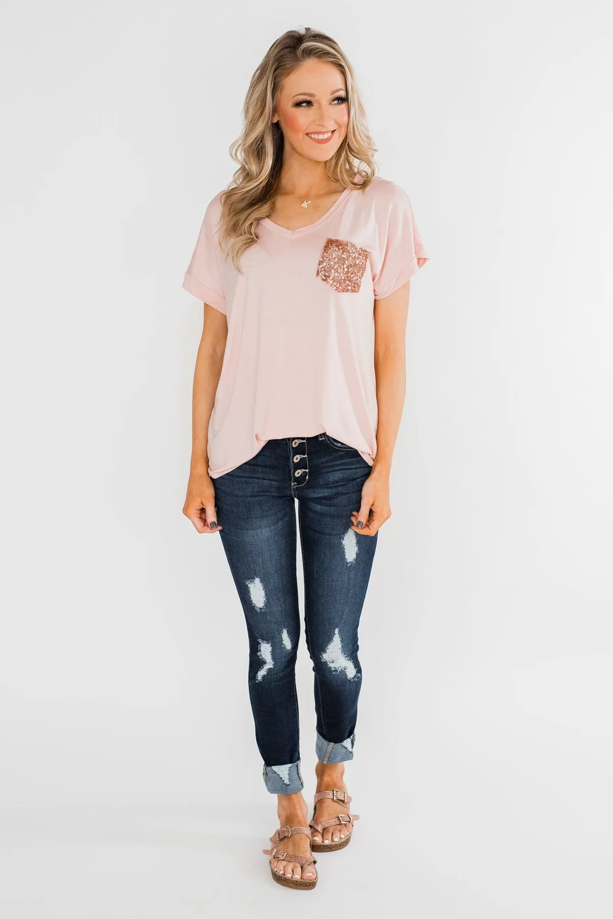 Attracted To You Sequin Pocket Top- Blush