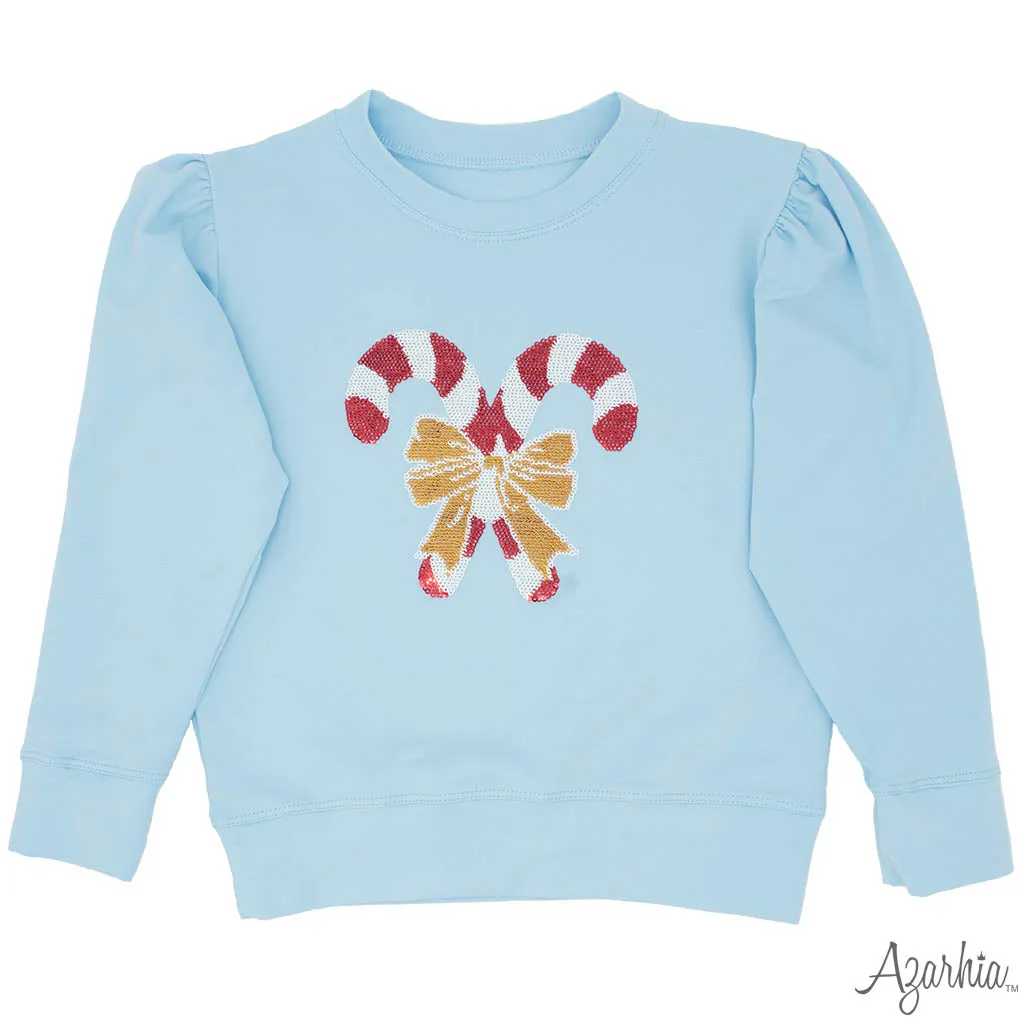 Azarhia Christmas Holly Sequin Candy Canes Sweatshirt - Light Blue