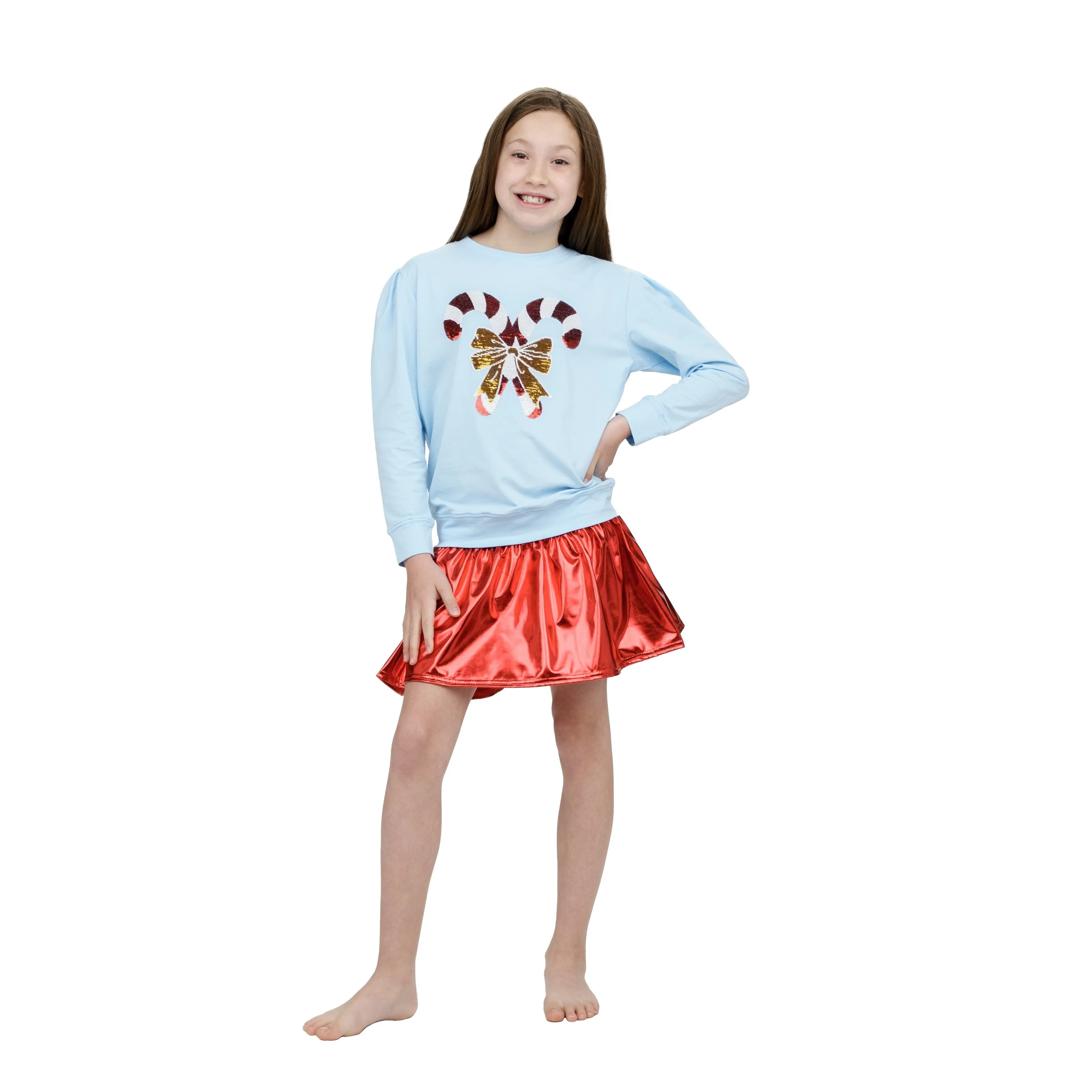 Azarhia Christmas Holly Sequin Candy Canes Sweatshirt - Light Blue