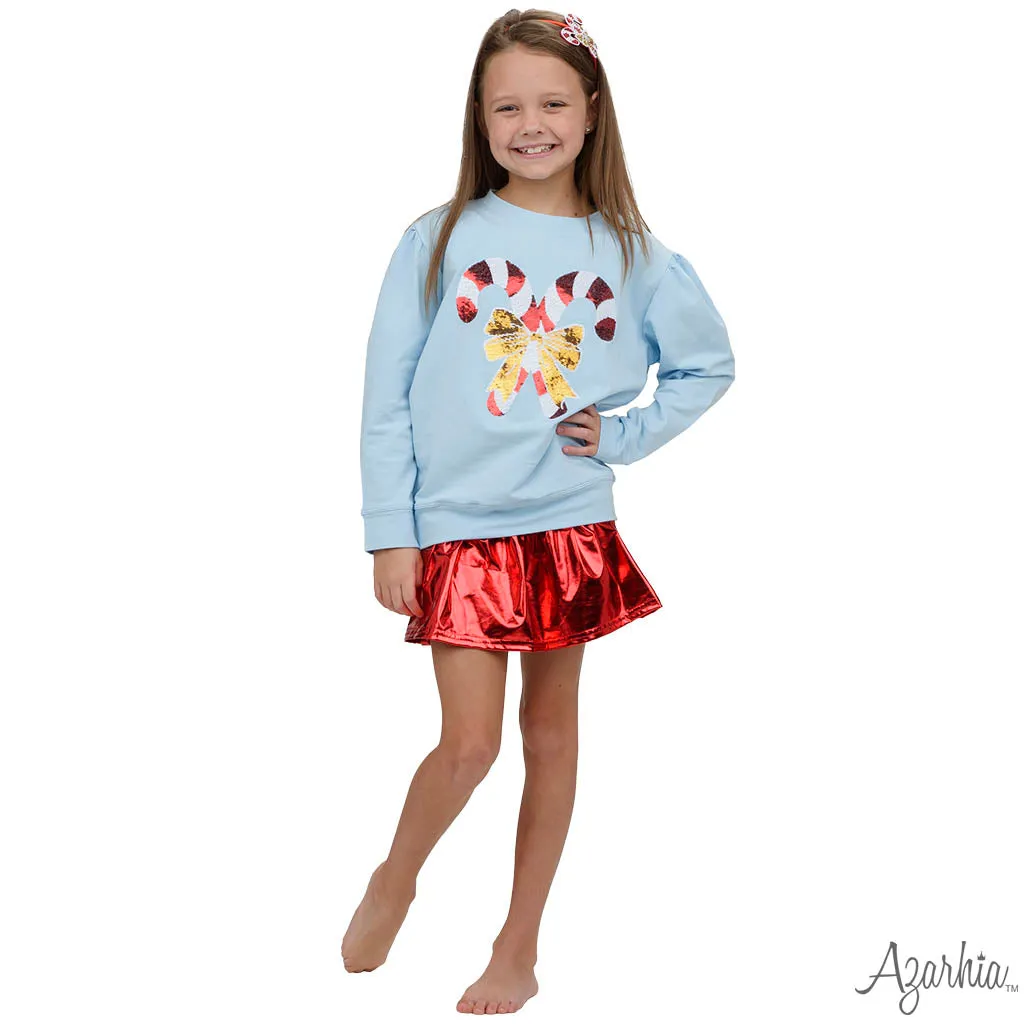 Azarhia Christmas Holly Sequin Candy Canes Sweatshirt - Light Blue