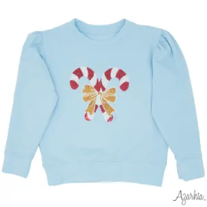 Azarhia Christmas Holly Sequin Candy Canes Sweatshirt - Light Blue