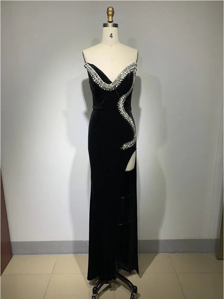 Backless Crystal Velvet Black Maxi Long Bodycon Gowns