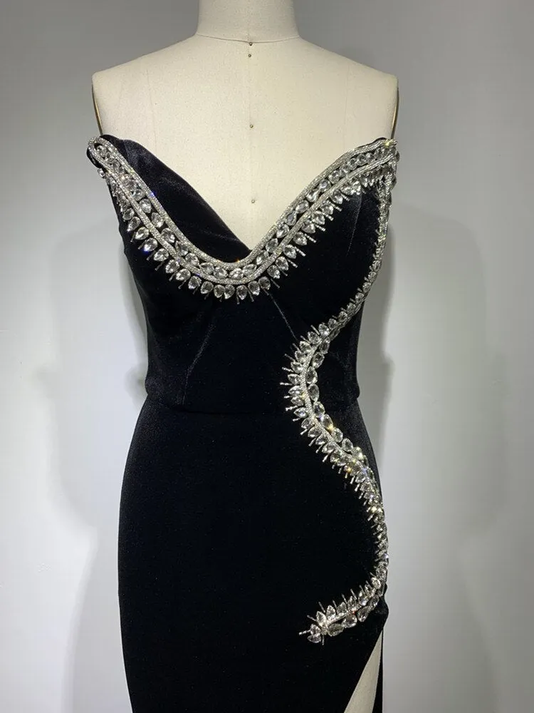 Backless Crystal Velvet Black Maxi Long Bodycon Gowns