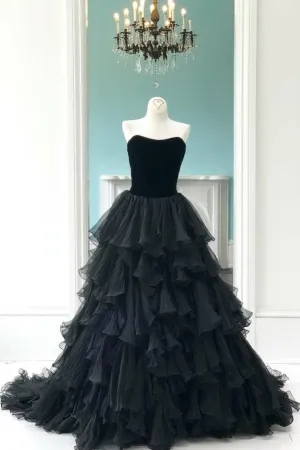 Backless Velvet Corset Black Prom Dress Layers Skirt