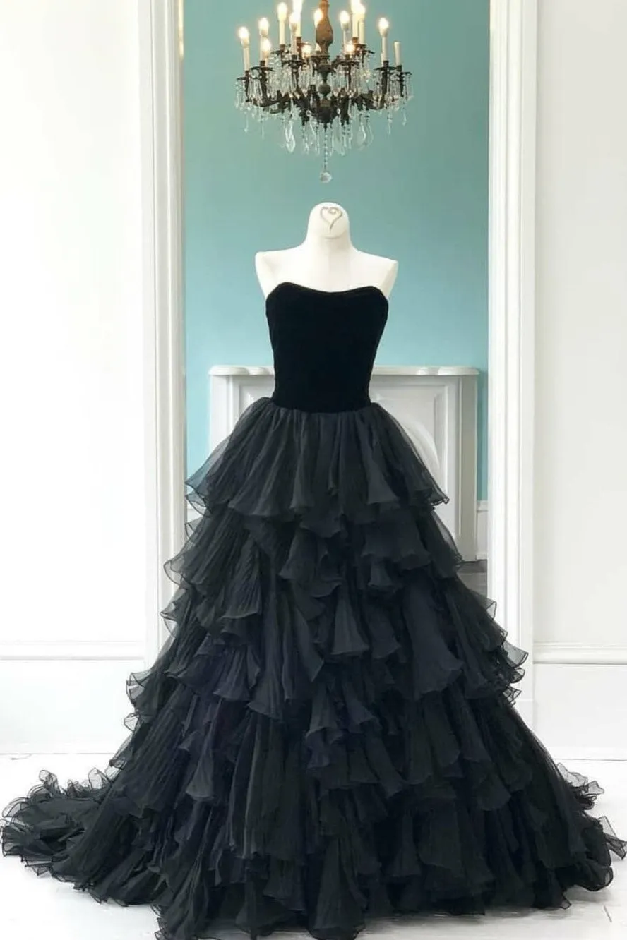 Backless Velvet Corset Black Prom Dress Layers Skirt