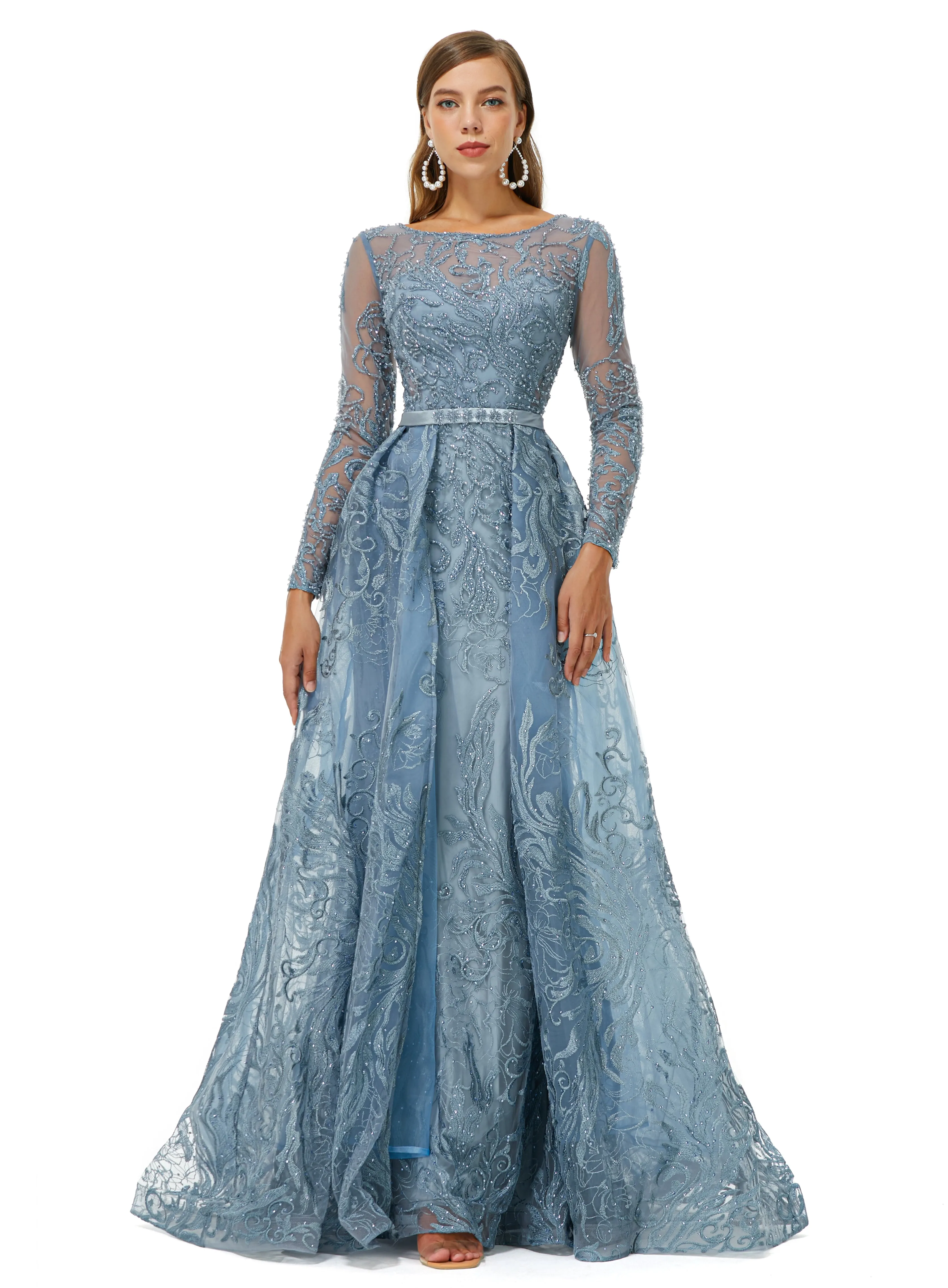 Ballbella Design | Sparkle Beaded Mermaid Long sleeves Prom Dresses with Overskirt
