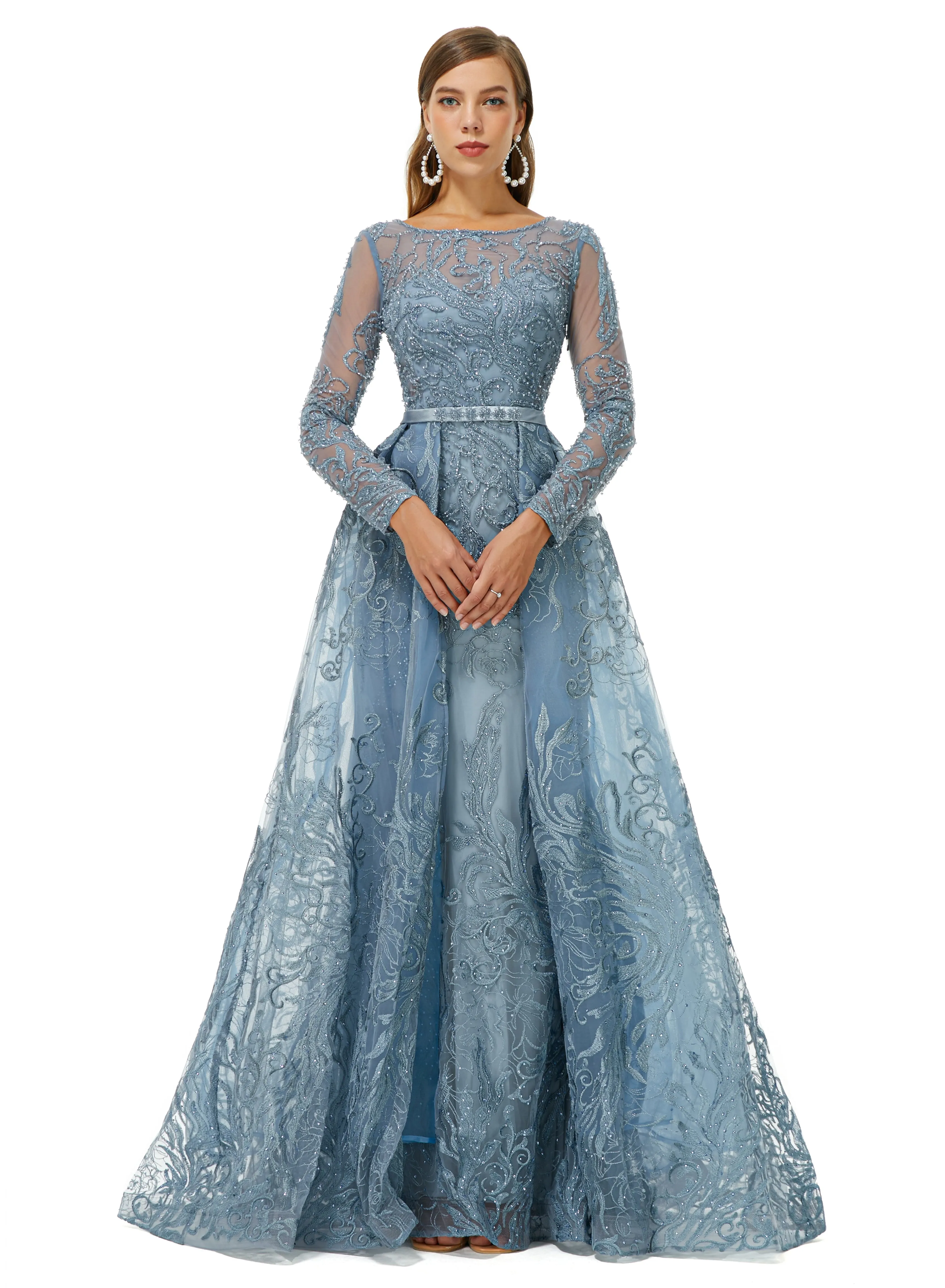 Ballbella Design | Sparkle Beaded Mermaid Long sleeves Prom Dresses with Overskirt