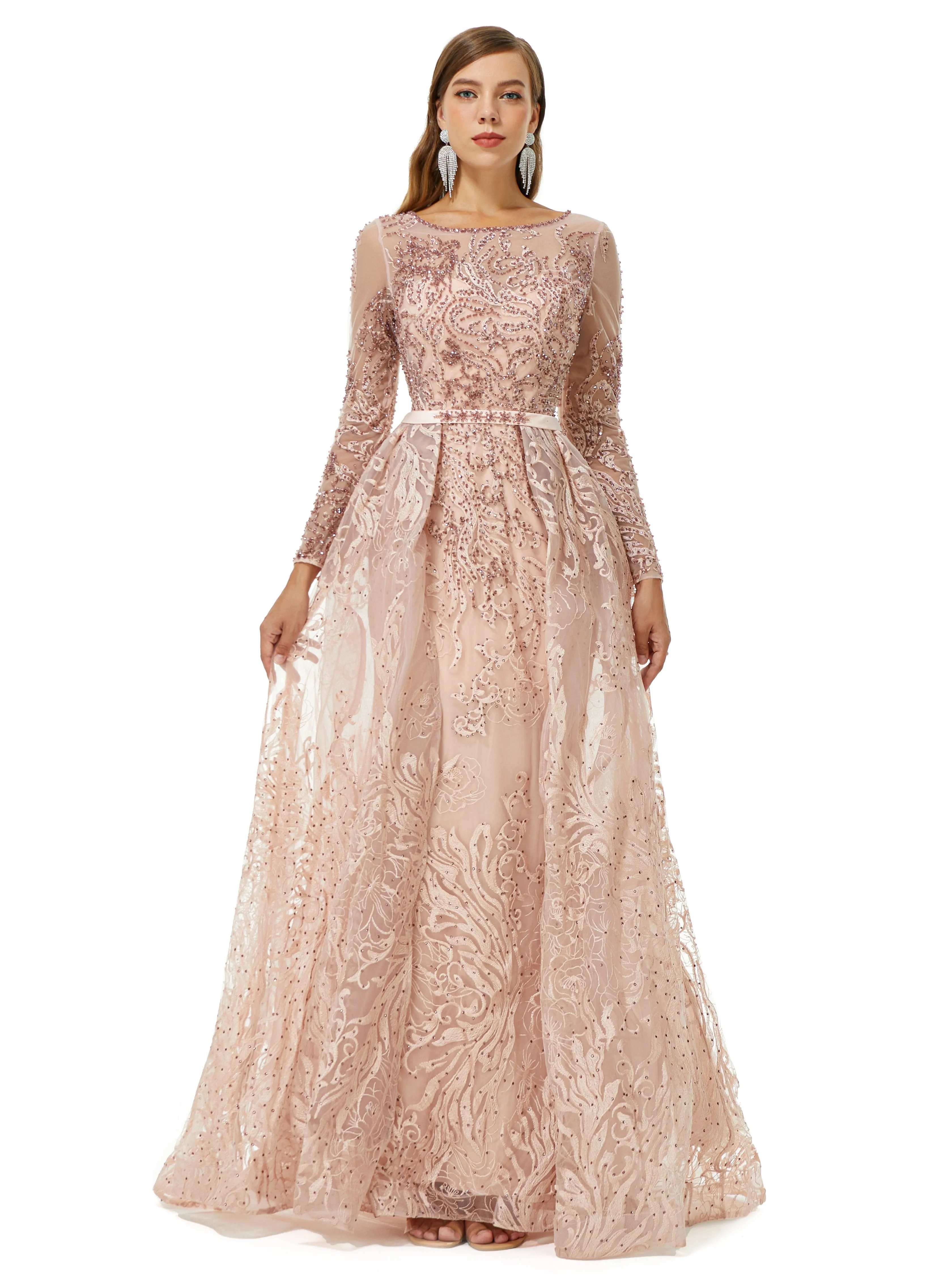 Ballbella Design | Sparkle Beaded Mermaid Long sleeves Prom Dresses with Overskirt